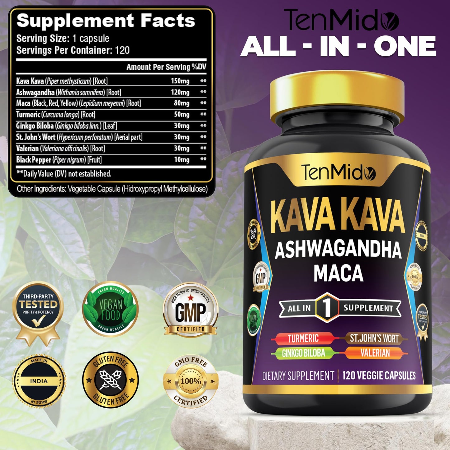 Tenmido Kava Kava Root Supplement Capsules 120 Count