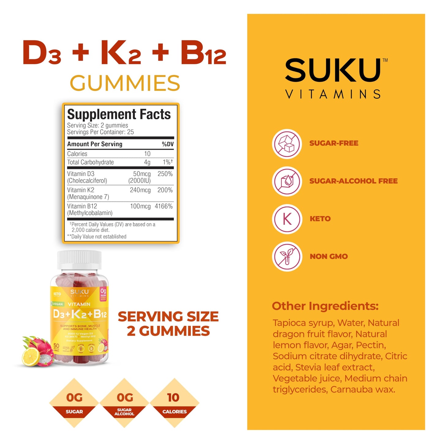 SUKU Vitamins Vegan D3 + K2 + B12 Gummy, 1 Count
