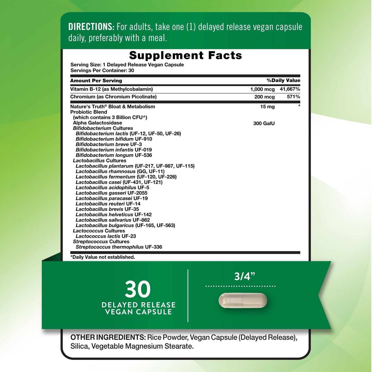 Nature's Truth Bloat & Metabolism Probiotic Capsules 30 Count