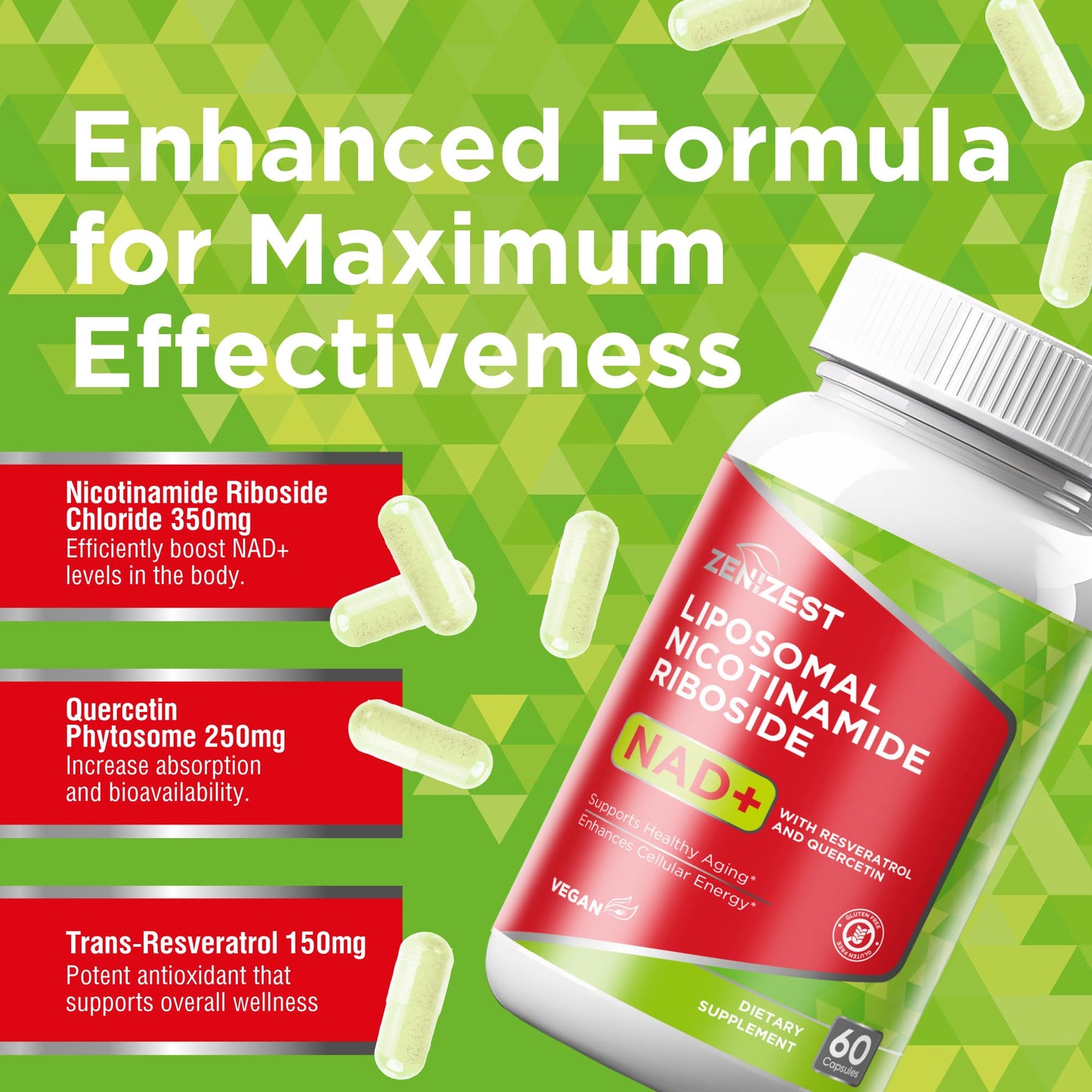 ZeniZest NAD+ Supplement Liposomal Nicotinamide Riboside Capsules, 60 Count