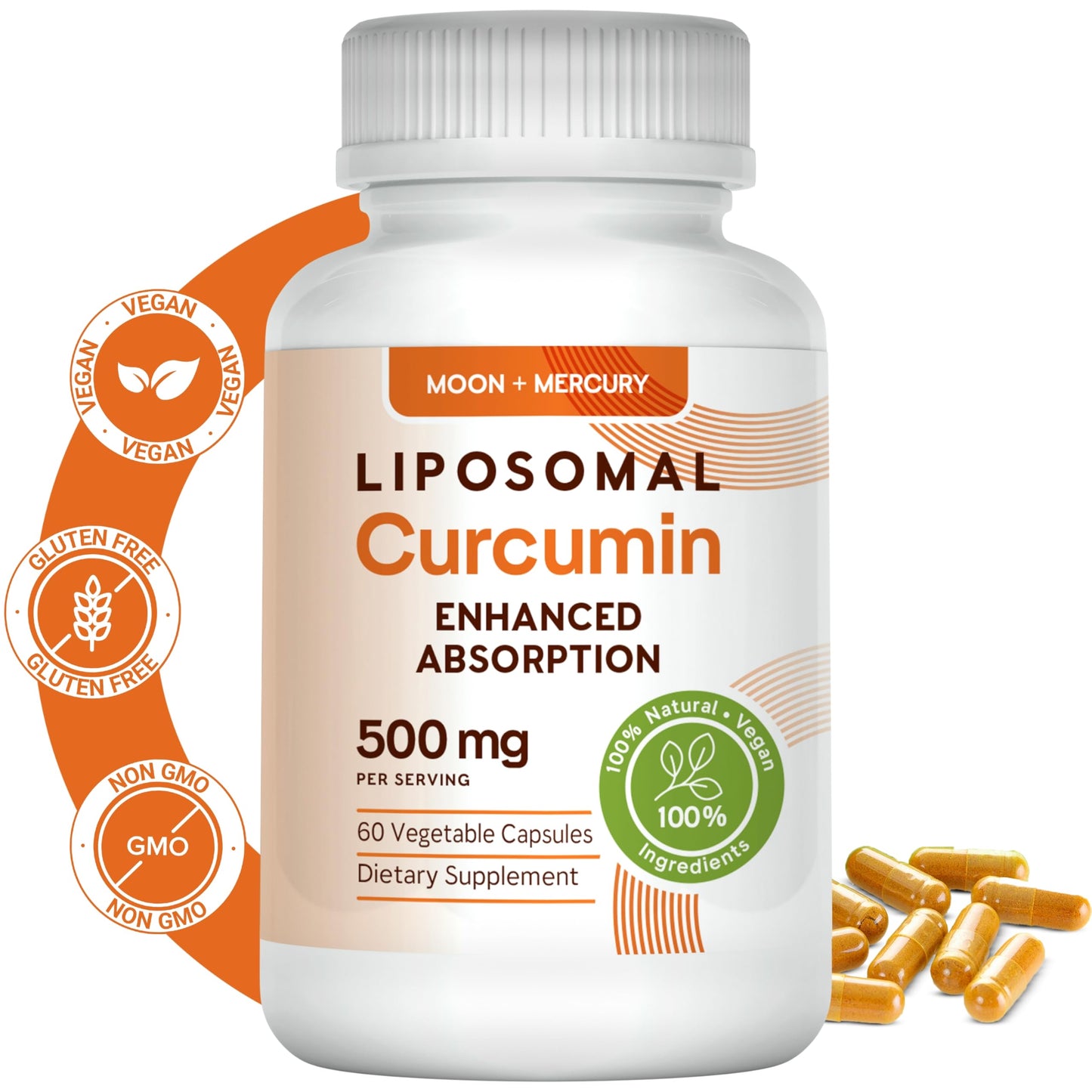 Moon + Mercury Liposomal Turmeric Curcumin Supplement Capsules, 60 Capsules