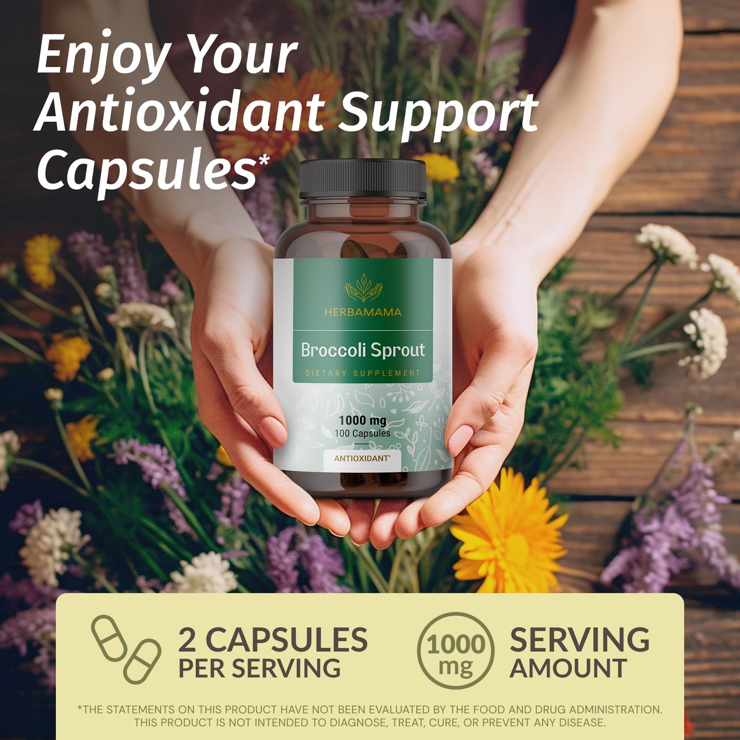 HERBAMAMA Sulforaphane Supplement from Broccoli Sprouts – 1000 mg Broccoli Sprout Extract for Immune Support & Antioxidant Support, 100 Vegan Capsules
