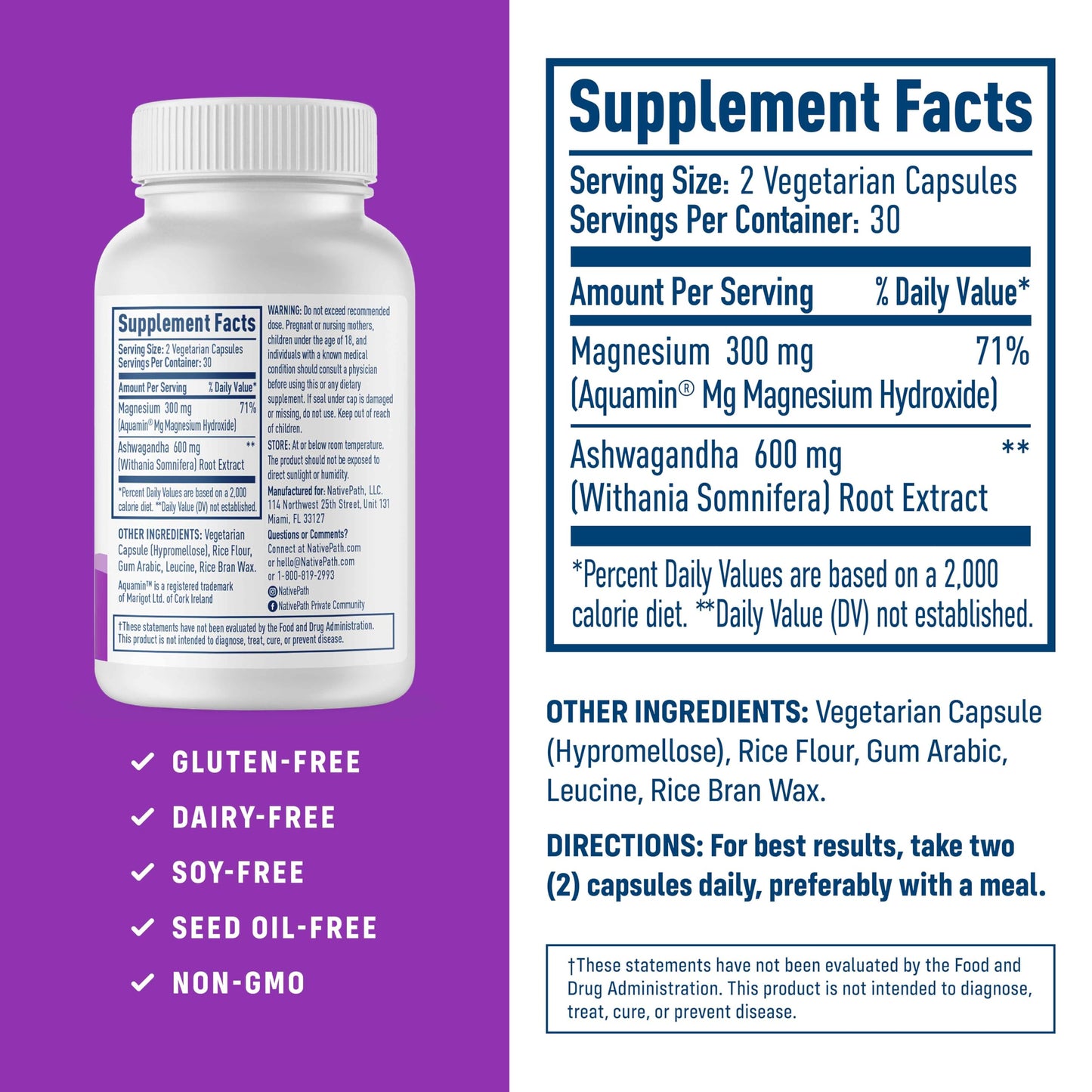 NativePath Native Balance Magnesium Supplement with Ashwagandha - High Absorption Aquamin Ocean-Sourced Formula, 60 Capsules