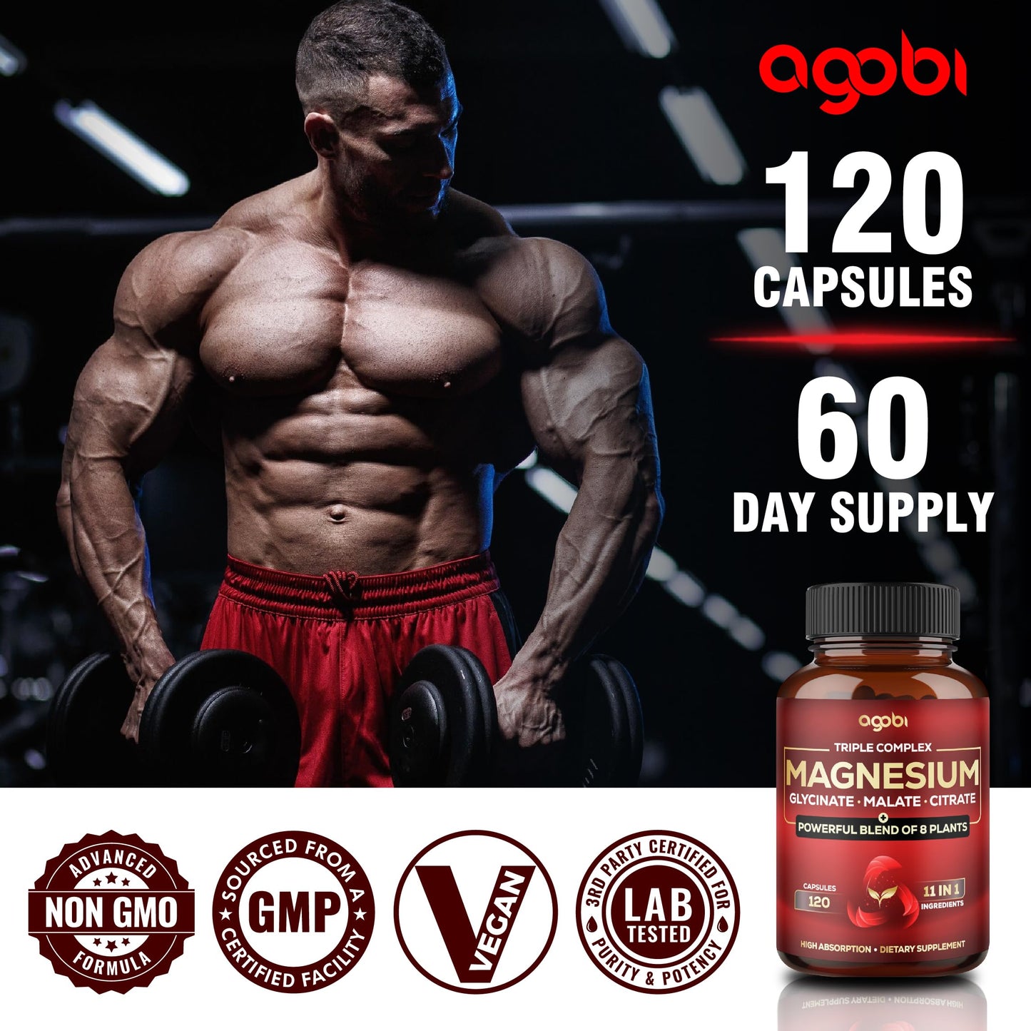 agobi Magnesium Triple Complex 600mg Magnesium Glycinate, Malate & Citrate - Added Spinach, Swiss Chard & Others - Support Calm, Restful Mood & Muscle Cramp 120 Capsules