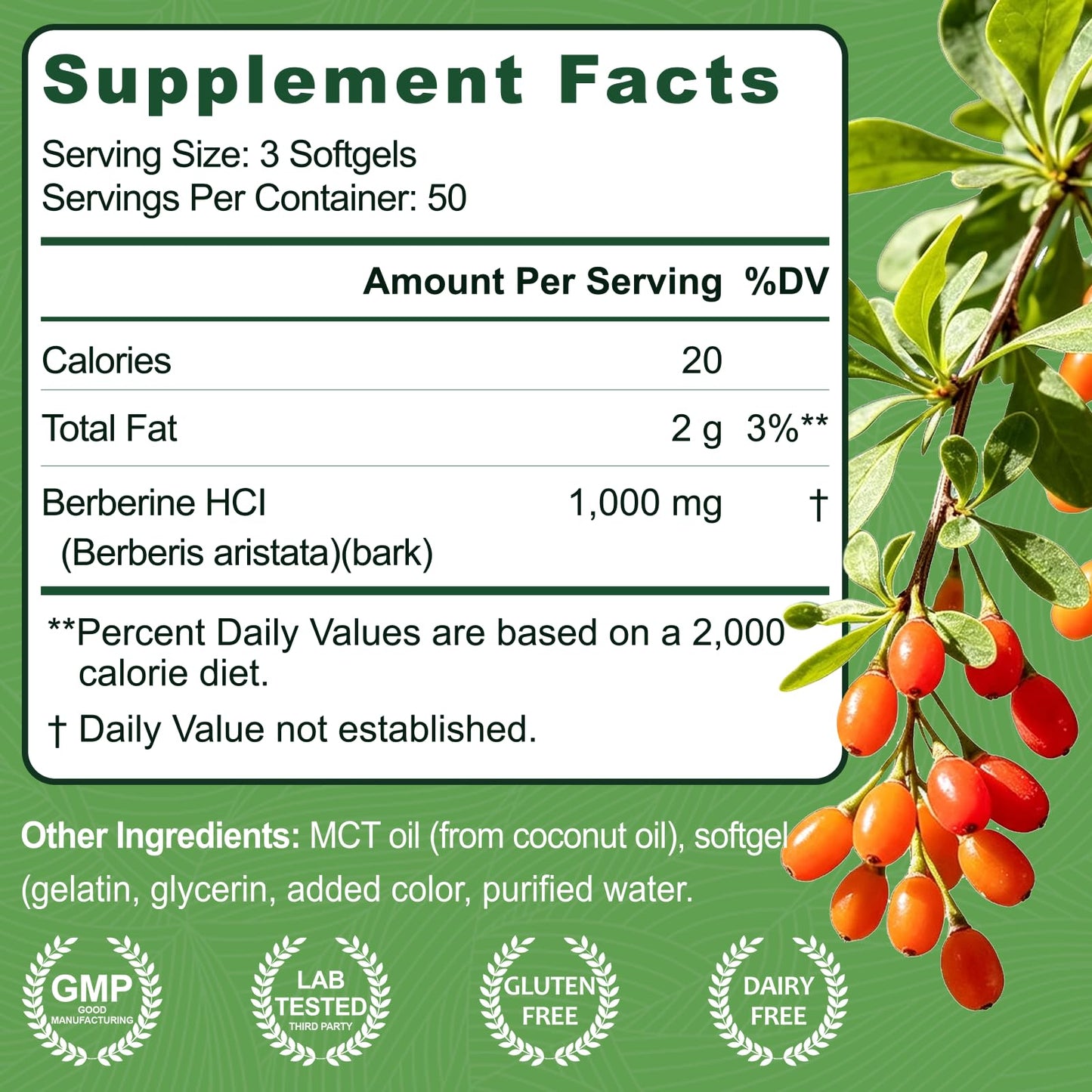 Gaennch Berberine HCl 1000mg Softgel, 150 Softgels