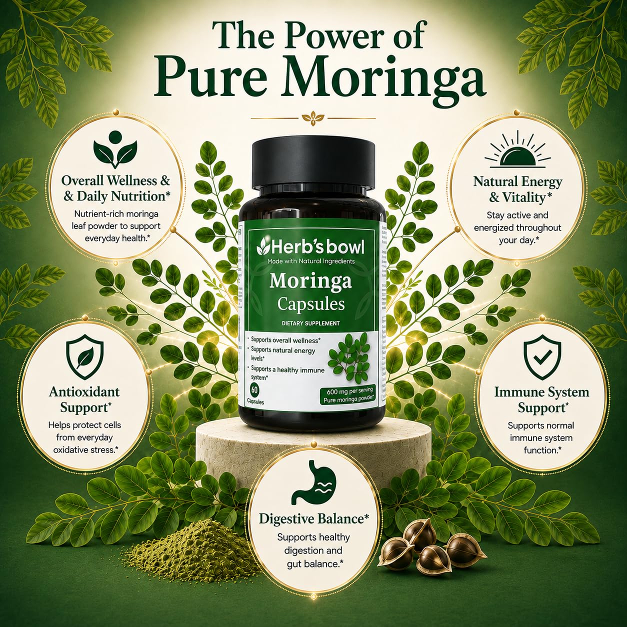 Herb'sbowl Organic Moringa 600 mg Capsules, 60 Count
