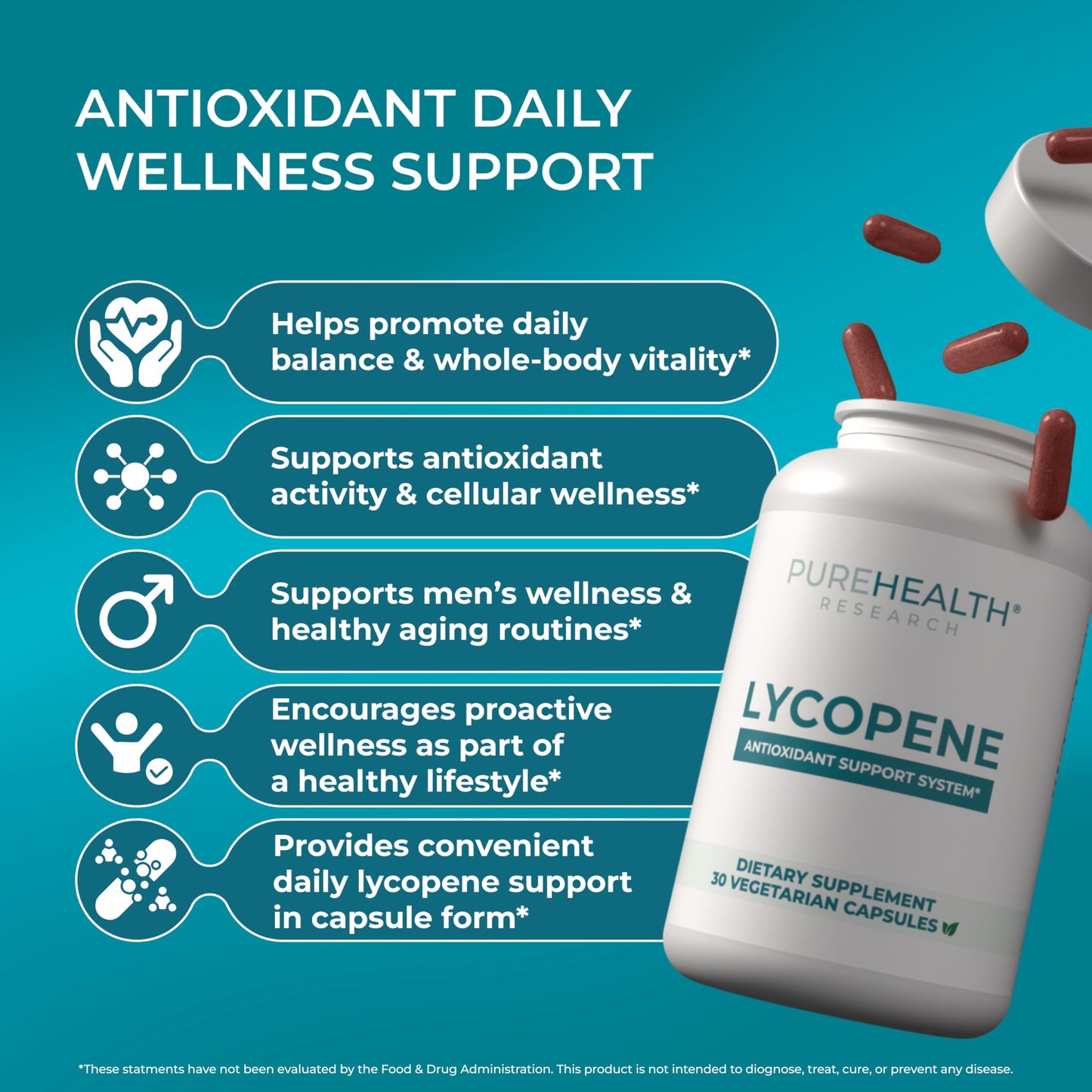 PUREHEALTH RESEARCH Lycopene for Women & Men - Antioxidant Wellness Support with Tomato Fruit Extract, Standardized to 10% Lycopene, Daily Vitality, High Potency 250mg, 30 Capsules