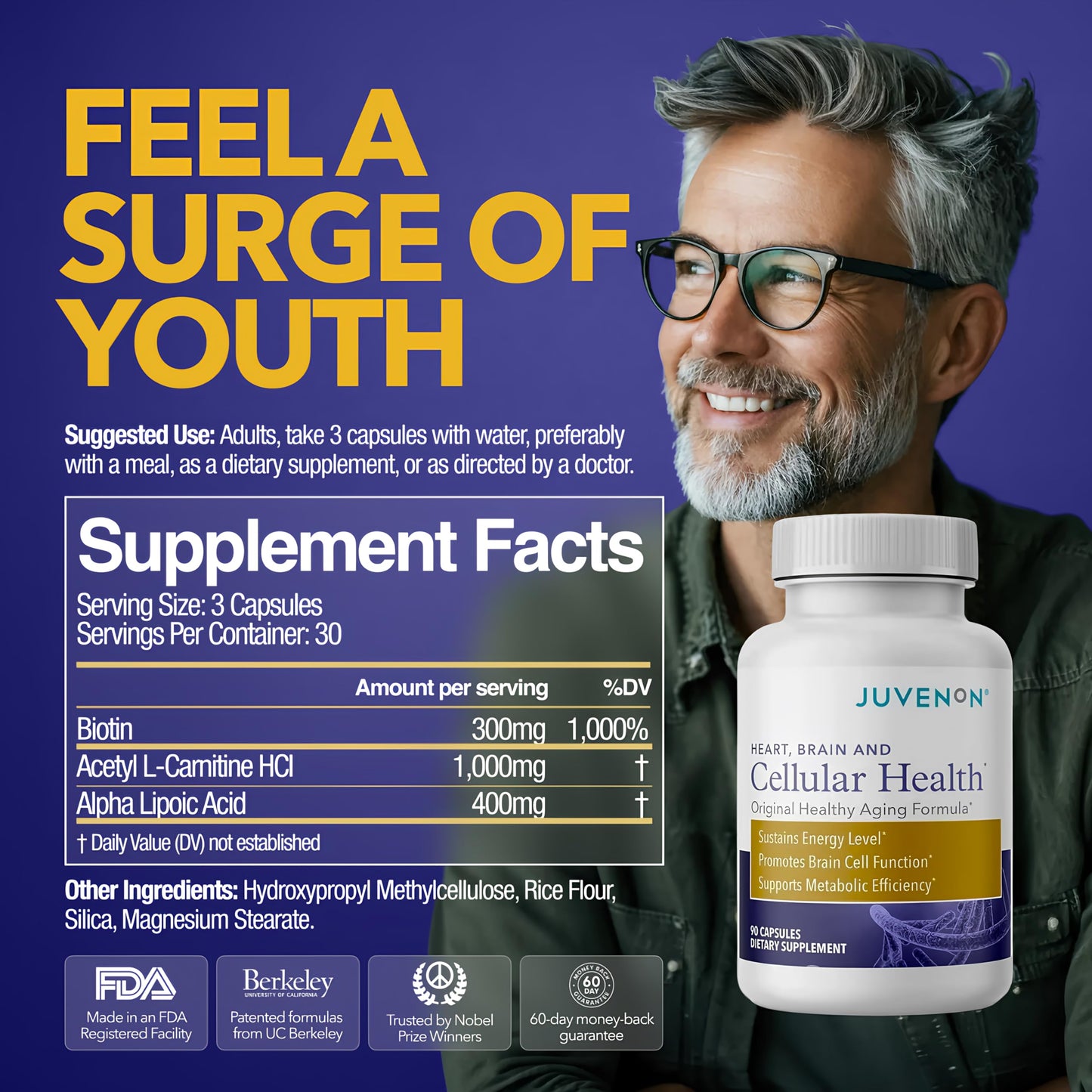 Juvenon Cellular Health Supplement NAD+ Support Capsules, 90 Count