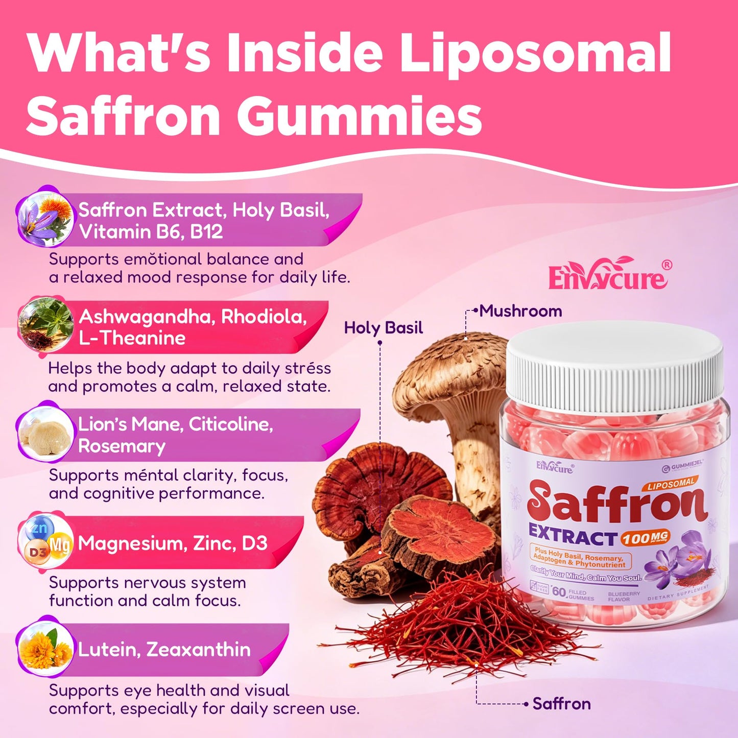 EnvyCure Saffron Gummies with Magnesium Glycinate, 60 Gummies