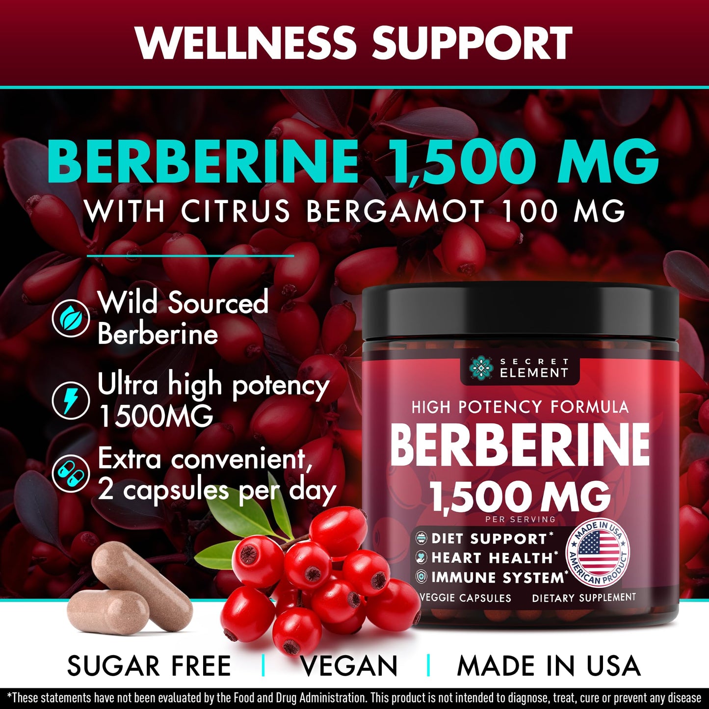 Secret Element Berberine HCL Supplement 1500 mg High Potency Vegan Capsules with Beet Root, Citrus Bergamot & Black Currant, Non-GMO, 180 Capsules