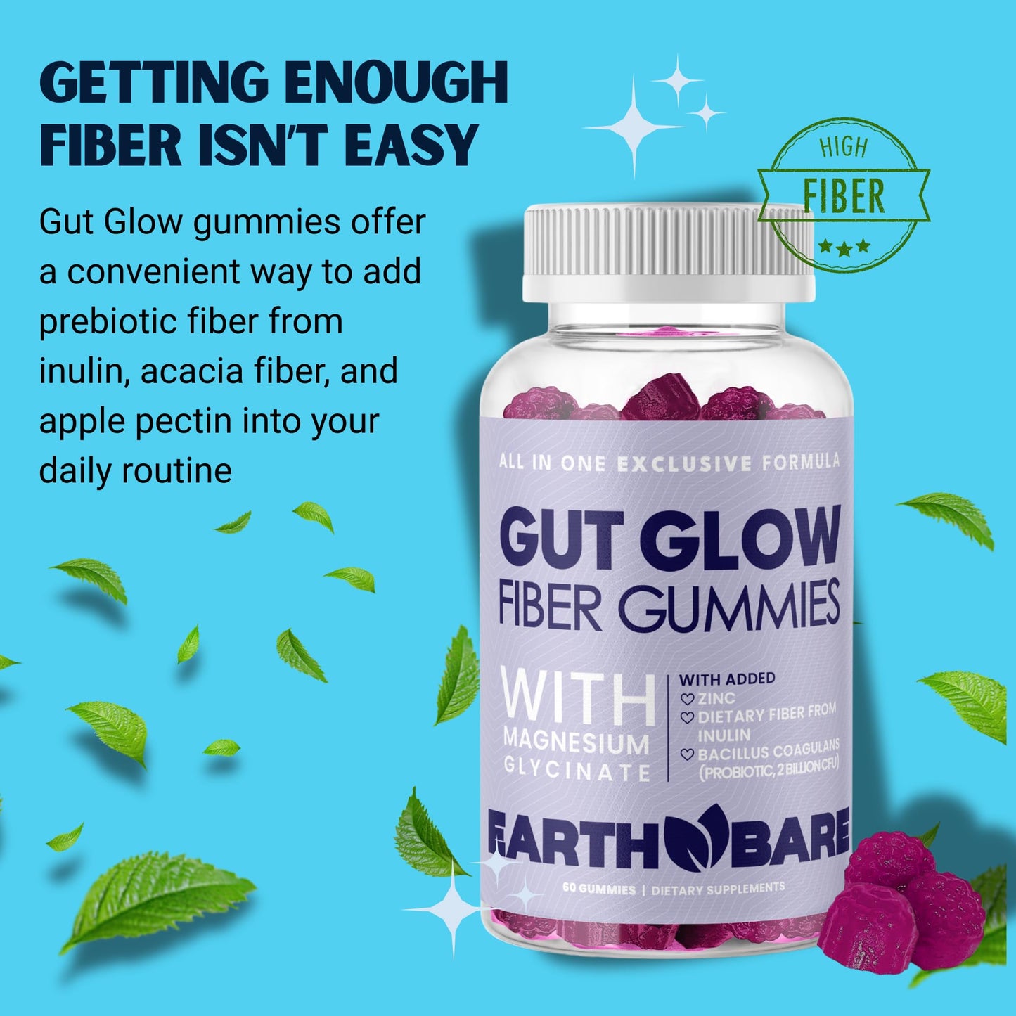 Earth Bare Gut Glow Fiber Gummies 60 Gummies
