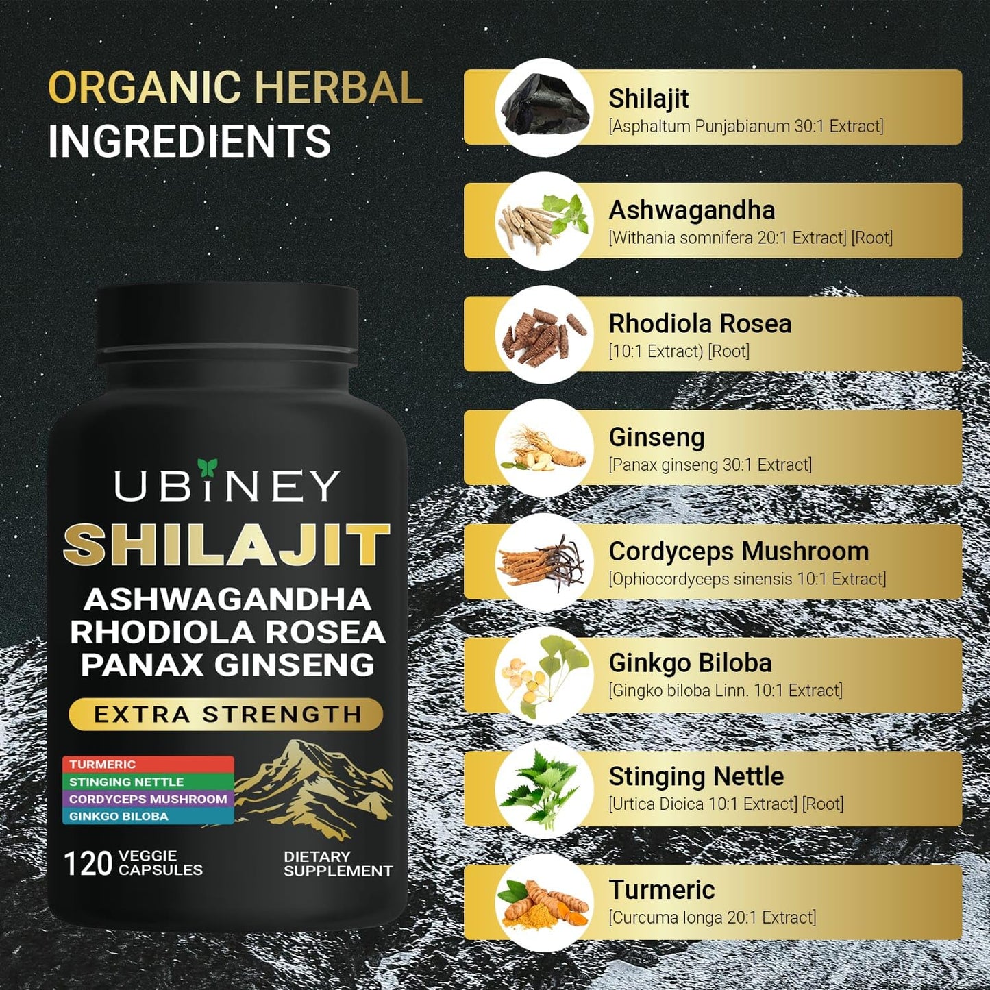 Ubiney Premium Shilajit Capsules 500mg with Ashwagandha, Ginseng & Cordyceps – 120 Vegan Capsules