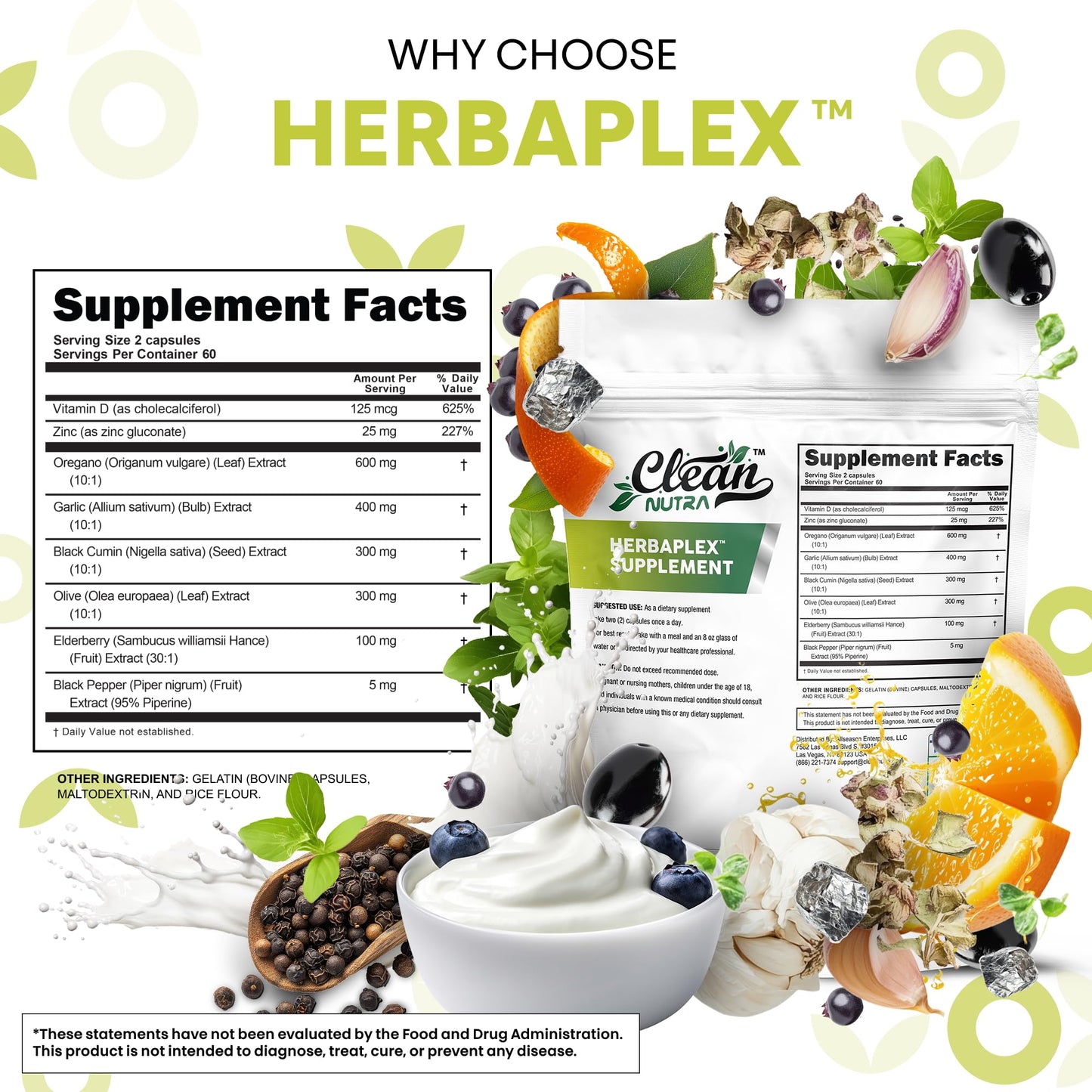 Clean Nutraceuticals Herbaplex Immune Support Immunity Blend Vitamin D Zinc Gluconate Oregano Oil Extract Black Cumin Garlic Olive Leaf Extract Elderberry Black Pepper 120 Capsules