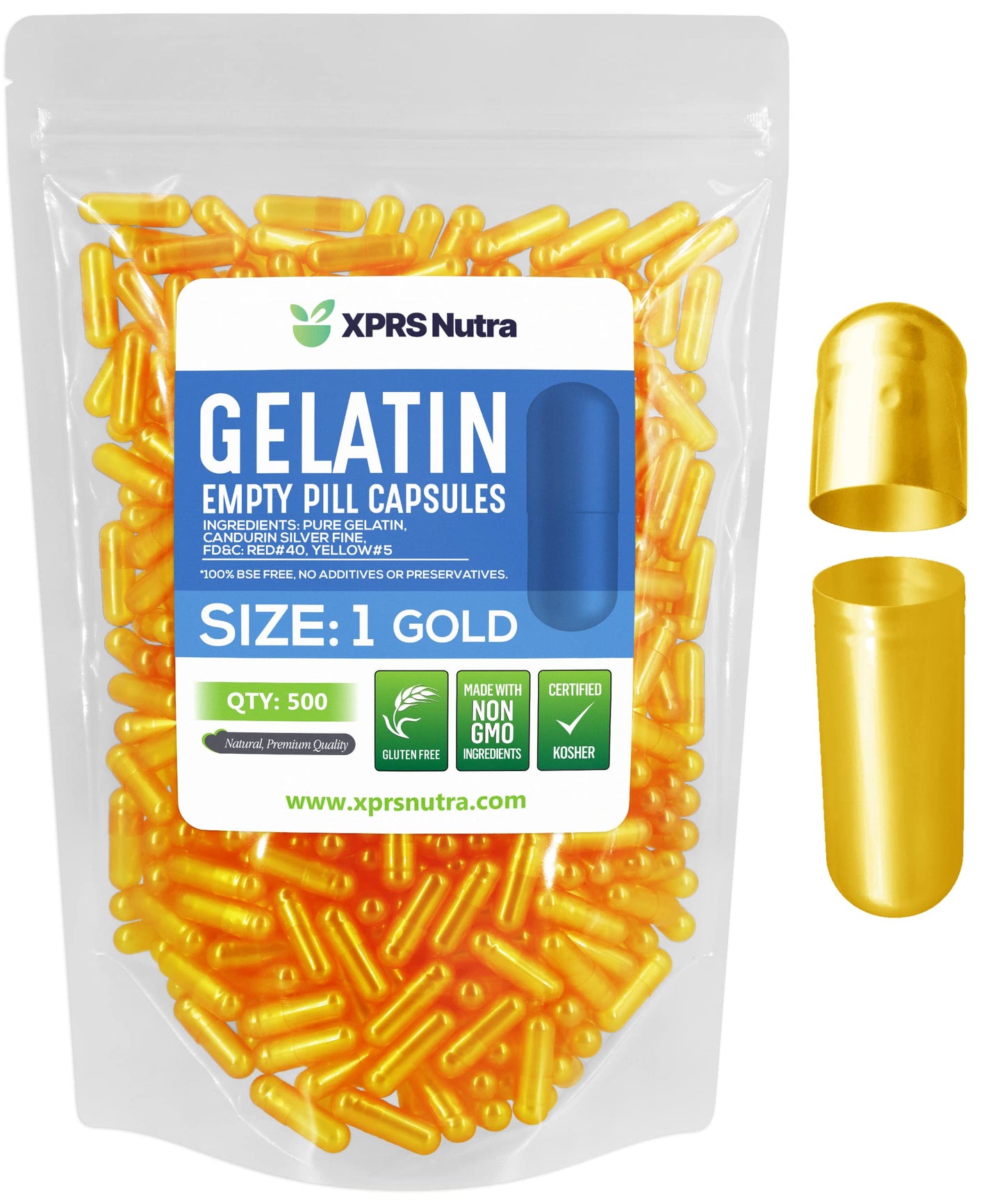 XPRS Nutra Empty Gelatin Capsules Size 1, 500 Count, Gold