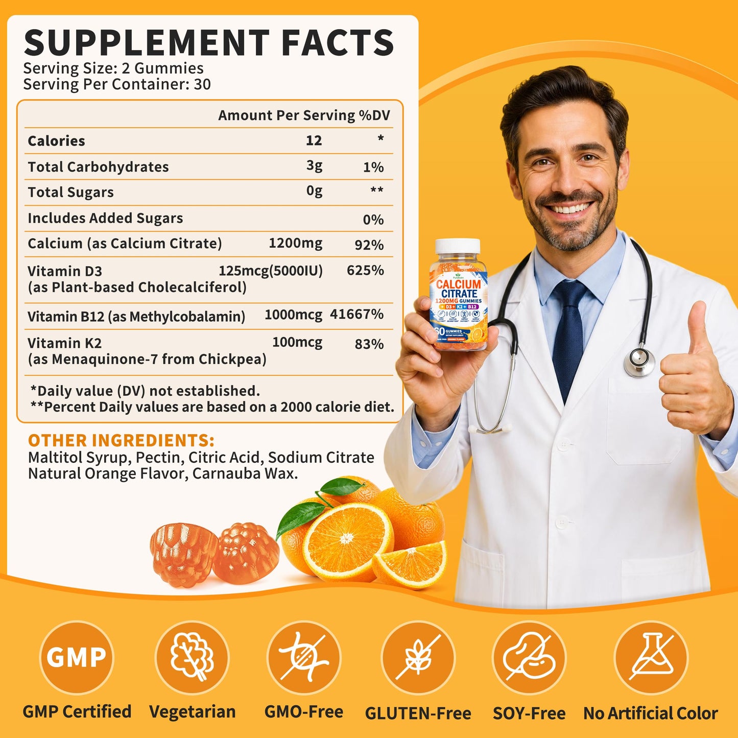 PureBalm Calcium Citrate 1200mg with Vitamin D3, K2 & B12 for Women & Men, 120 Gummies