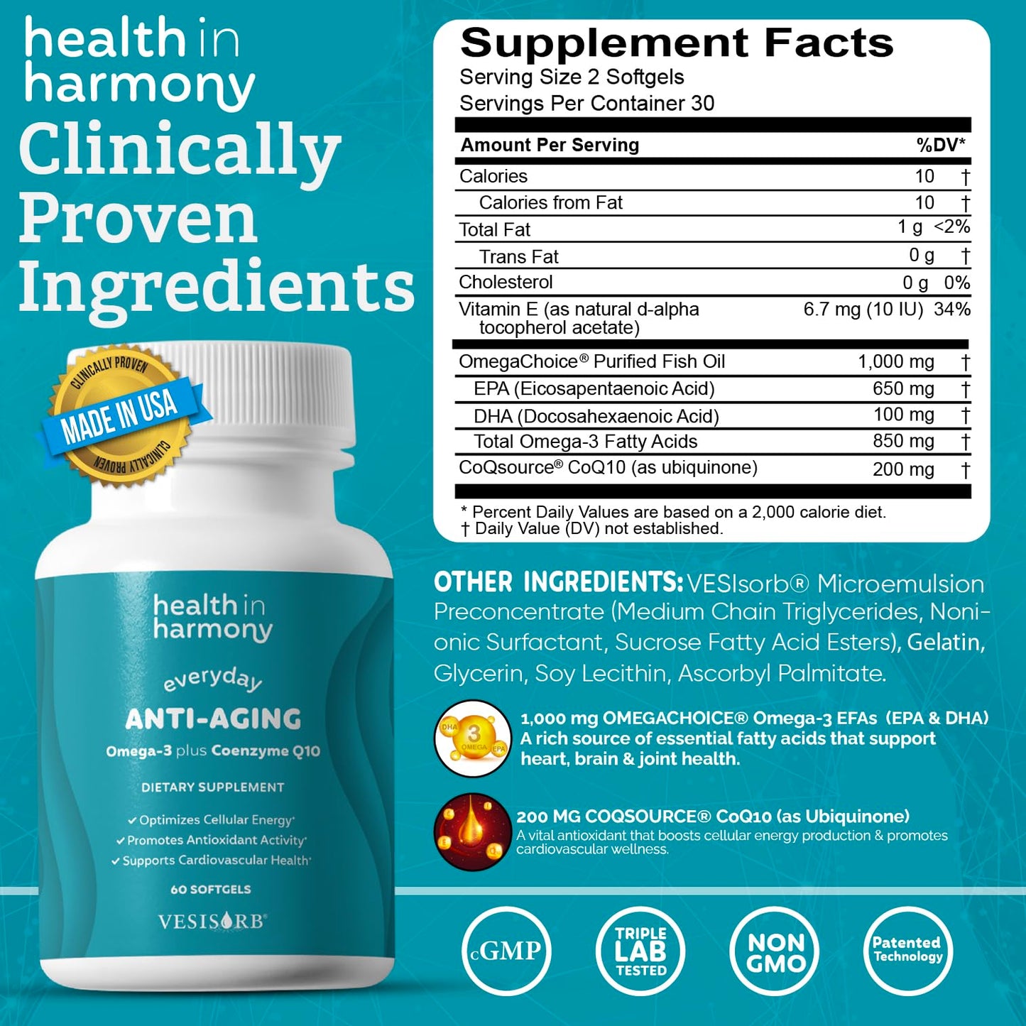 Health In Harmony CoQ10 + Omega-3 Softgels, 60 Count