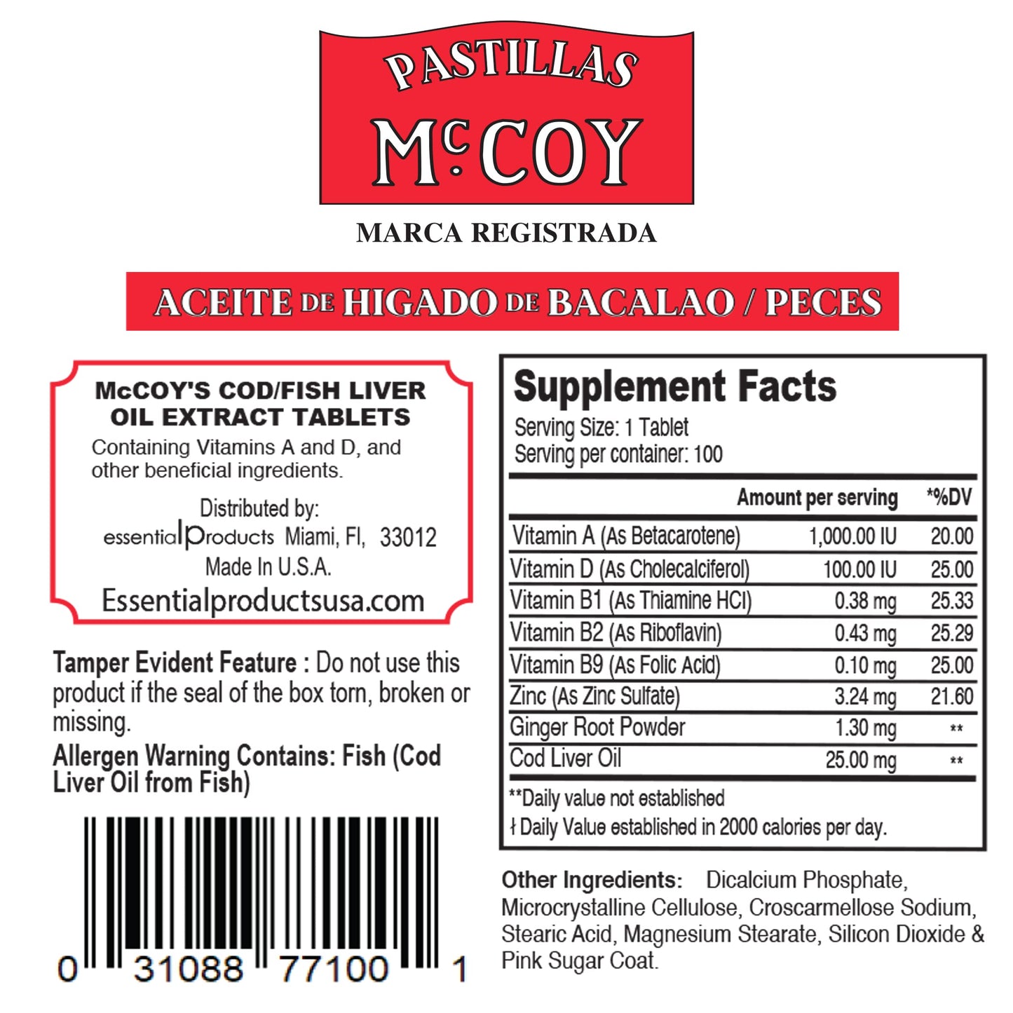 Pastillas McCoy Cod/Fish Liver Oil Extract Tablets, 40 Tablets