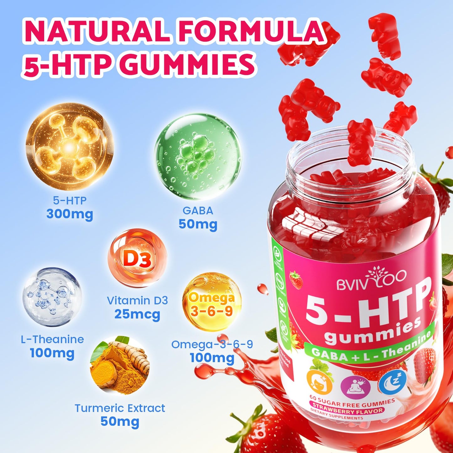 BVIVLOO 5-HTP Gummies + GABA - L-Theanine, Vitamin D3, Circadian Rhythm for Adults, Strawberry Flavor, 60 Gummies
