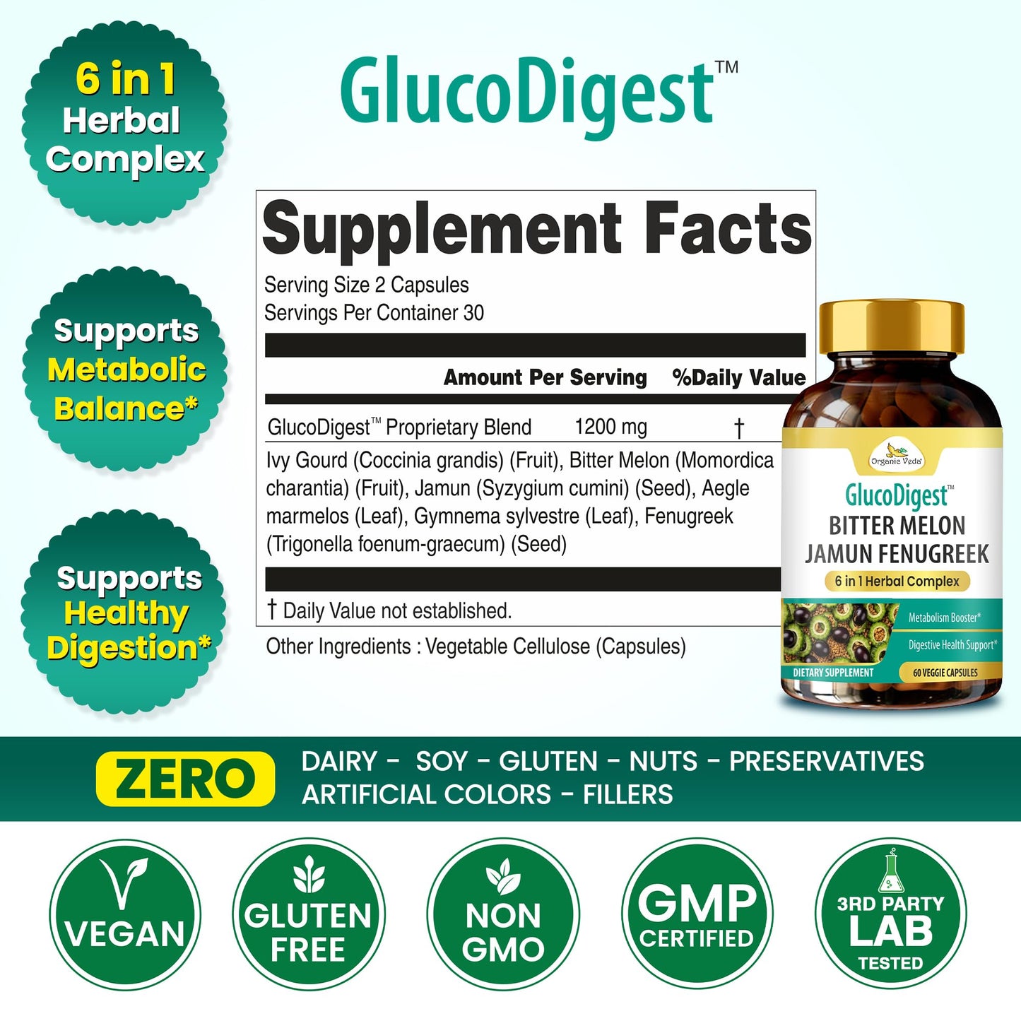 Organic Veda GlucoDigest Bitter Melon Gymnema Sylvestre Fenugreek Capsules, 60 Capsules