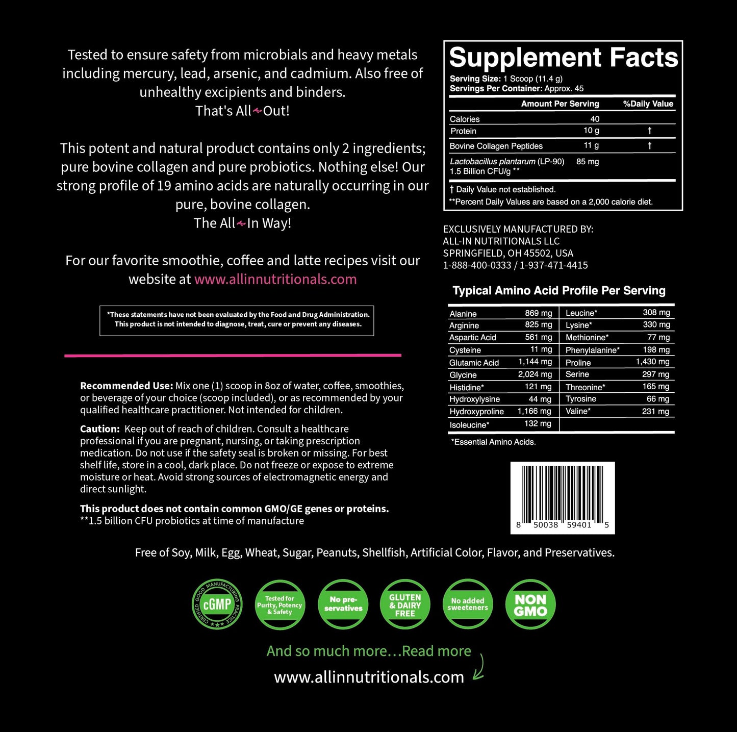 All In Nutritionals Pure Collagen + Probiotics Powder 18.1