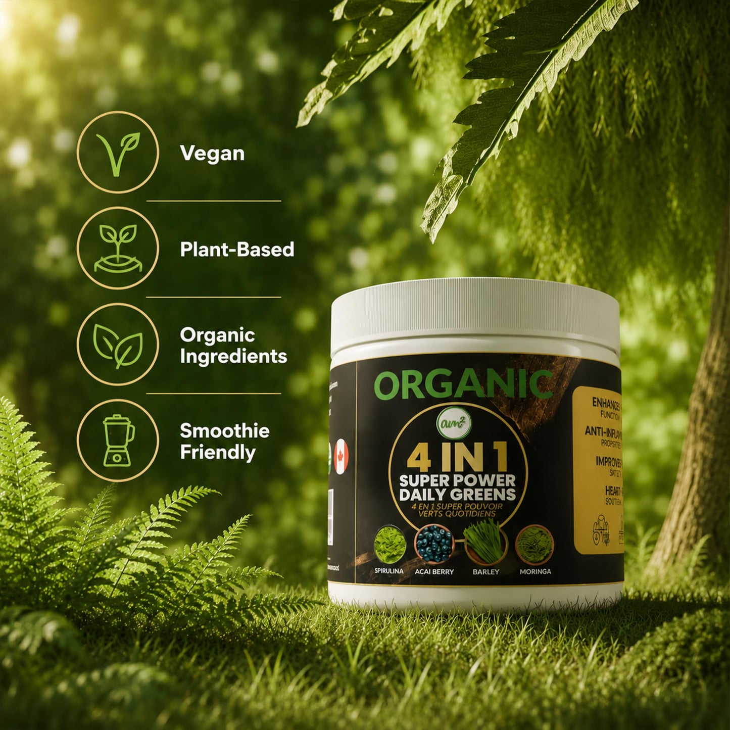 am2 Organic Superfood Powder 4-in-1 Blend – Moringa, Spirulina, Barley Grass, Acai Berry, 1 oz