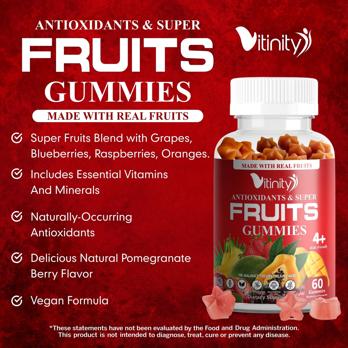 VITINITY Real Fruit & Veggie Gummies - Superfood Vegetable Vitamin Supplement, 240 Gummies