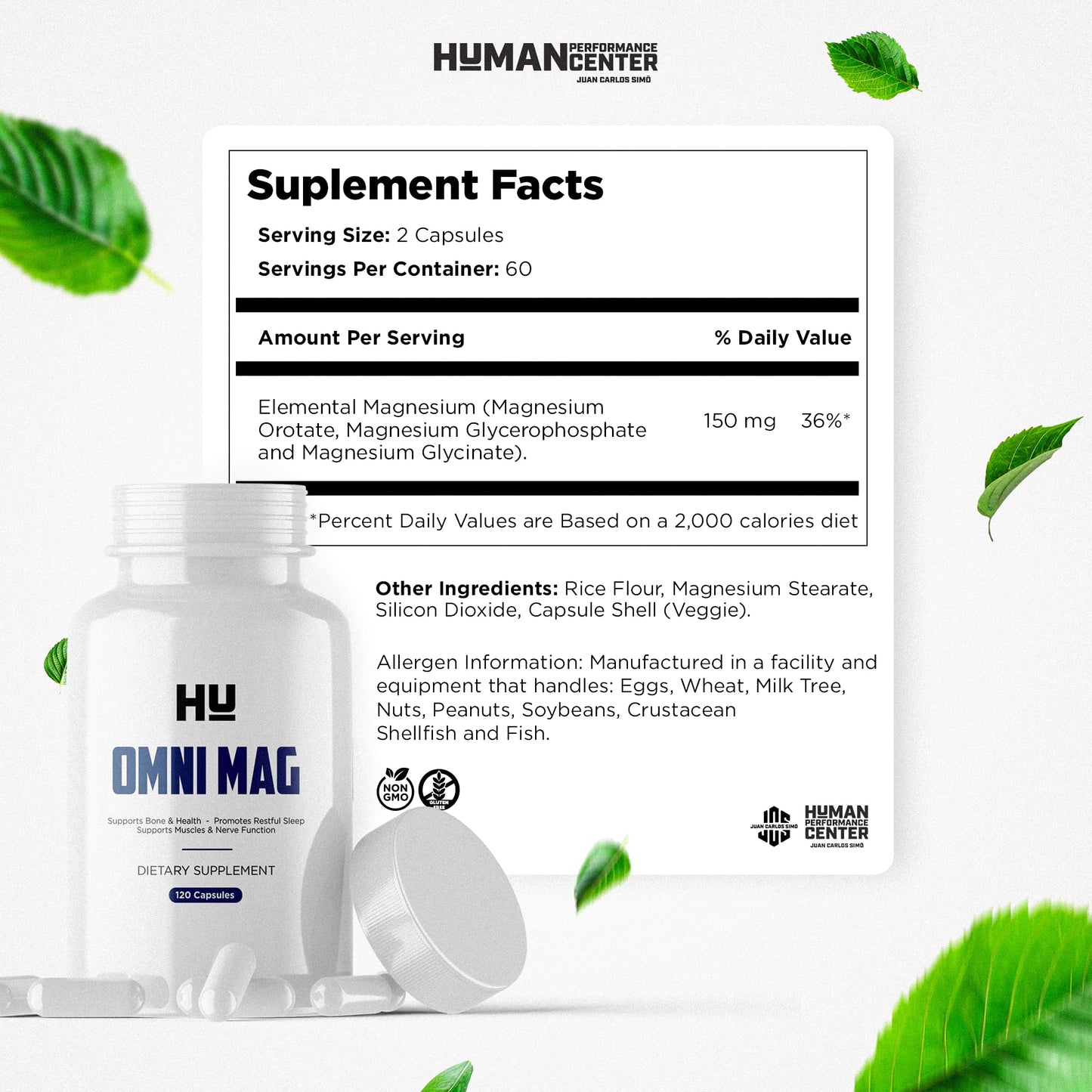 HUMAN PERFORMANCE CENTER JUAN CARLOS SIMO Omni MAG Triple Magnesium Complex 150mg Orotate, Glycinate & Glycerophosphate High Absorption Magnesium Supplement for Sleep, Relaxation & Muscle Recovery Capsule, 1 Count