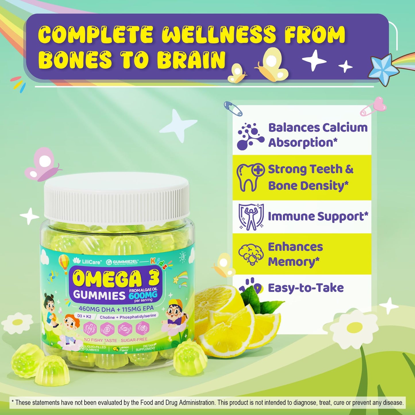 LILICARE Omega-3 for Kids 4+ DHA Gummies from Algae with EPA, Vitamin D3 K2, Choline & PS, Zero Sugar, 60 Count