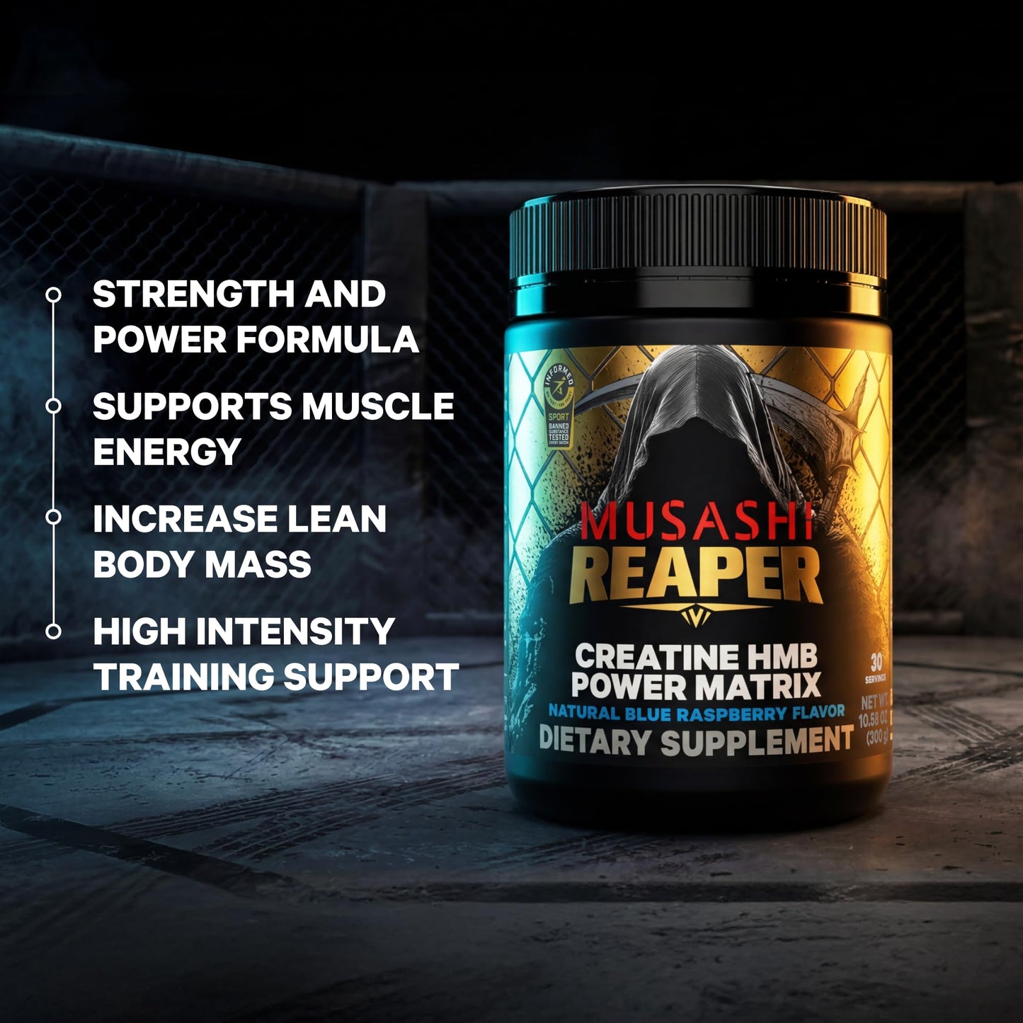 Musashi Reaper Creatine Monohydrate + HMB Powder, Blue Raspberry, 300g