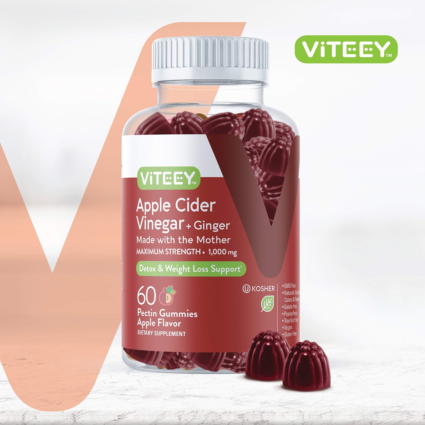 Viteey Apple Cider Vinegar Gummies with Ginger, 1000 mg ACV, 60 Gummies