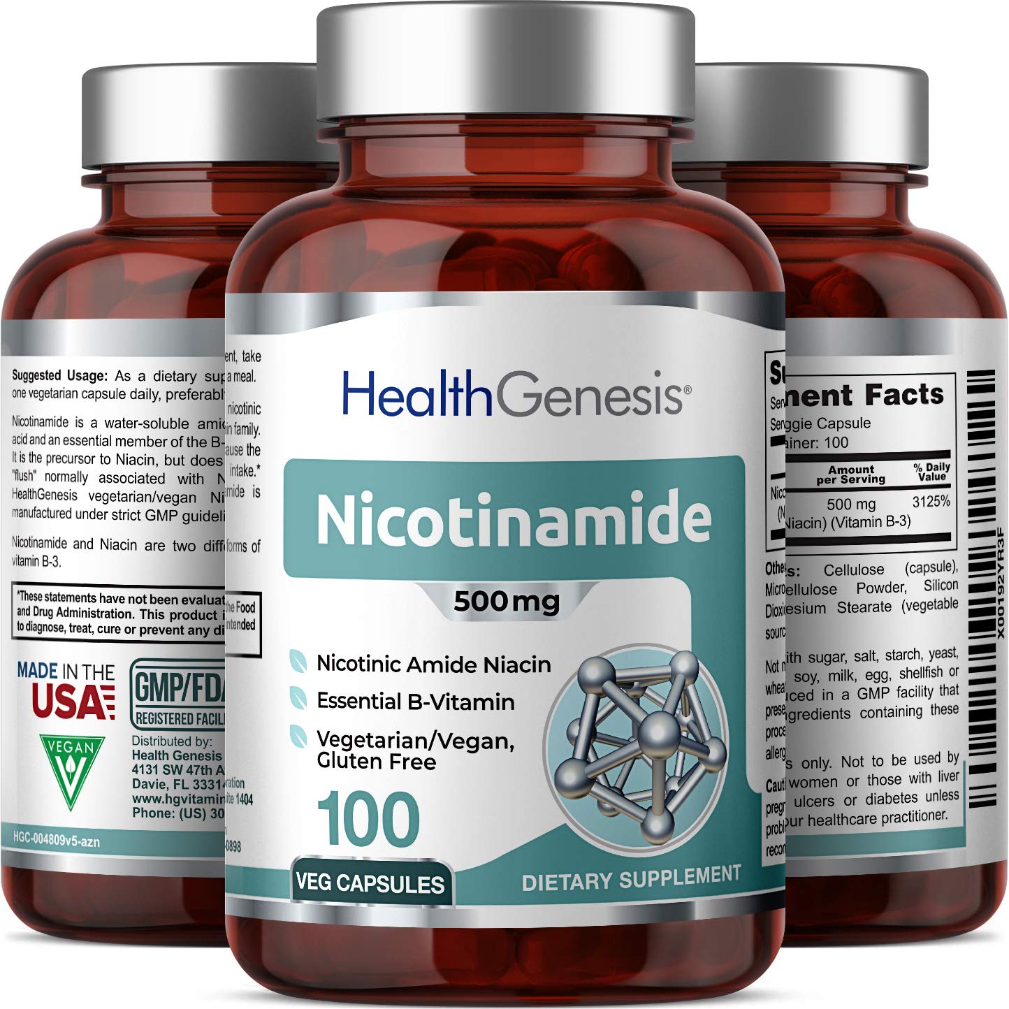 Health Genesis B-3 Nicotinamide 500 mg Capsules 100 Count
