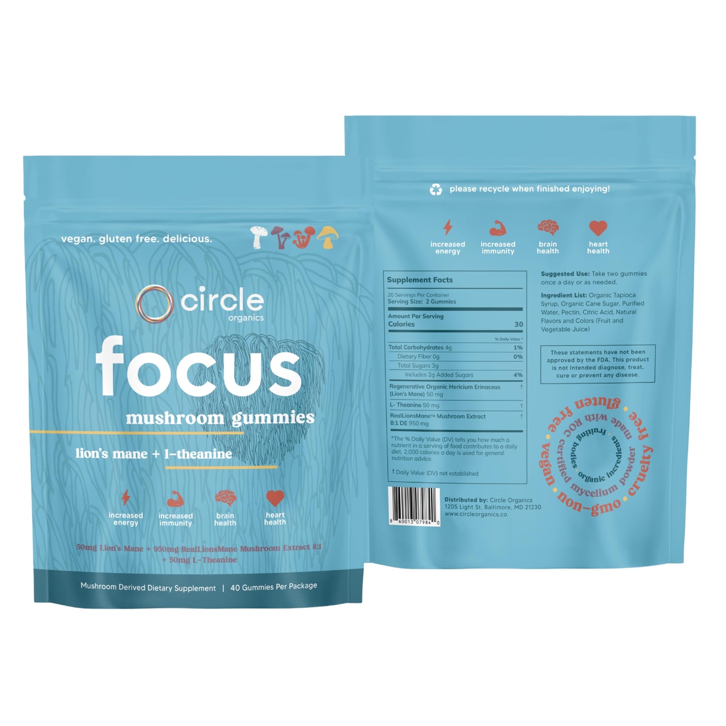 Circle Organics Focus Mushroom Gummies 40 Count