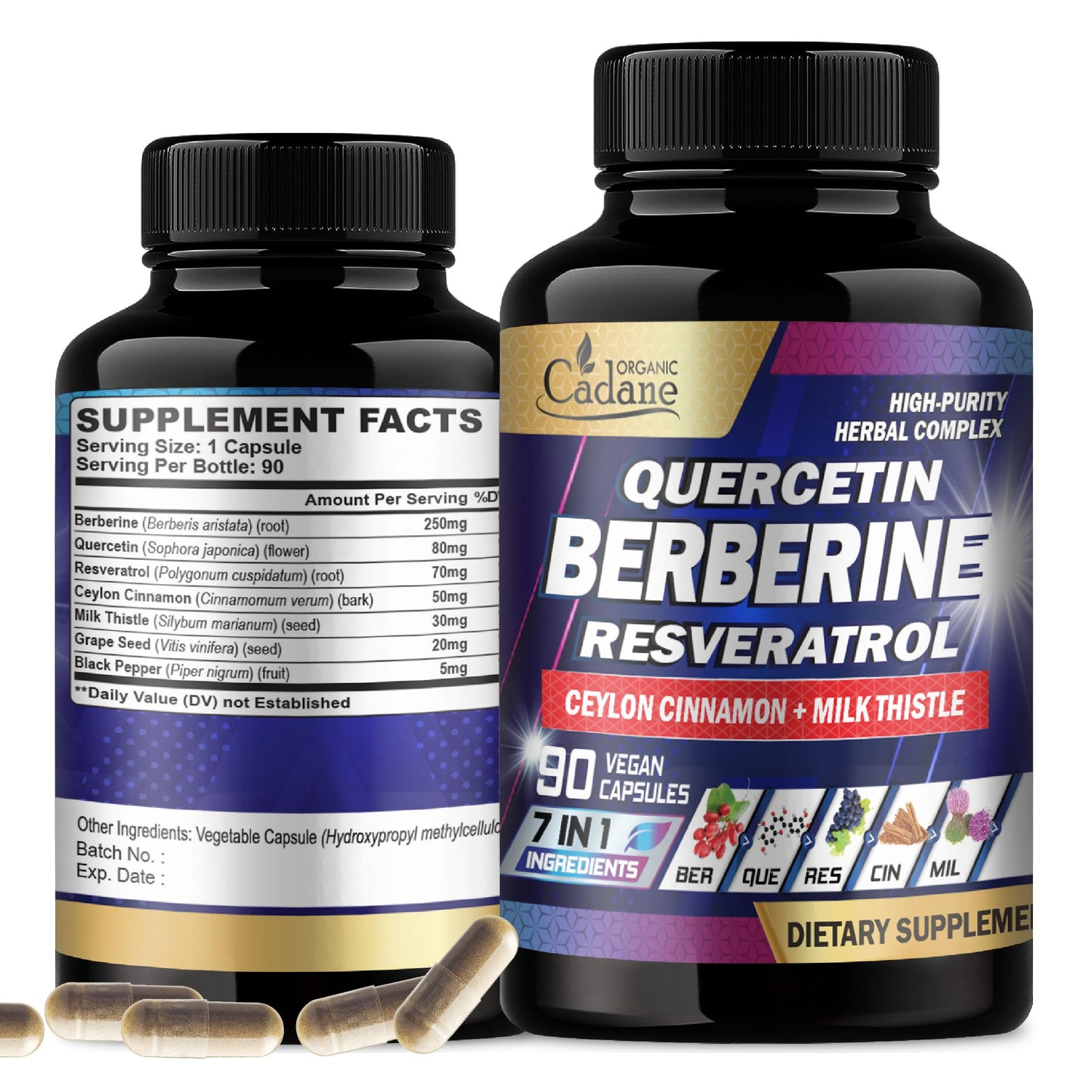 Organic Cadane 7in1 Pure Berberine Supplement with Quercetin, Ceylon Cinnamon, Resveratrol, Milk Thistle, Grape Seed, and Black Pepper, 90 Capsules