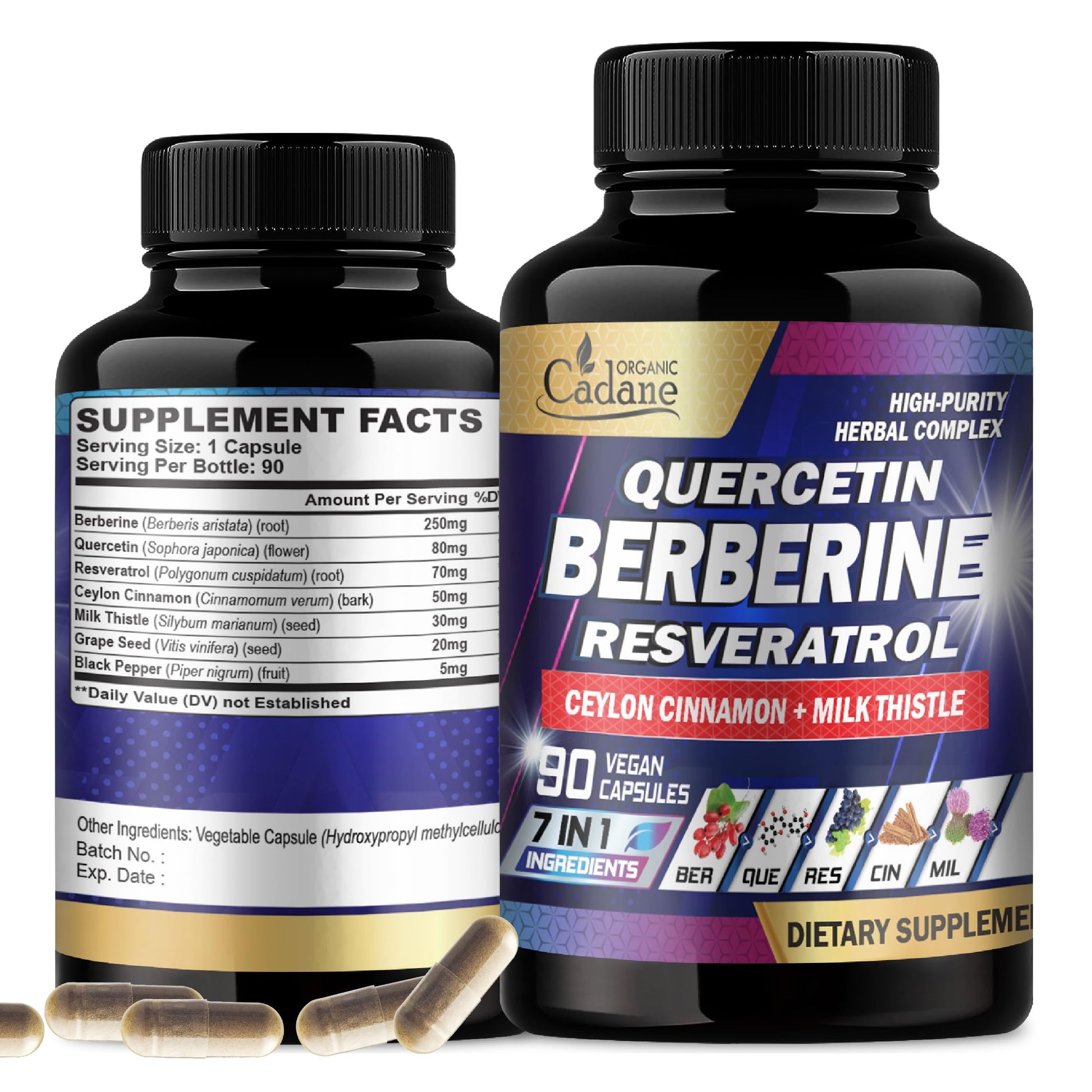 Organic Cadane 7in1 Pure Berberine Supplement with Quercetin, Ceylon Cinnamon, Resveratrol, Milk Thistle, Grape Seed, and Black Pepper, 90 Capsules