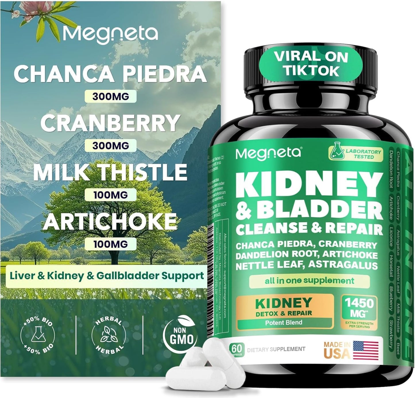 MEGNETA 3-in-1 Kidney Liver Bladder Cleanse Detox & Repair Capsule, 60 Count