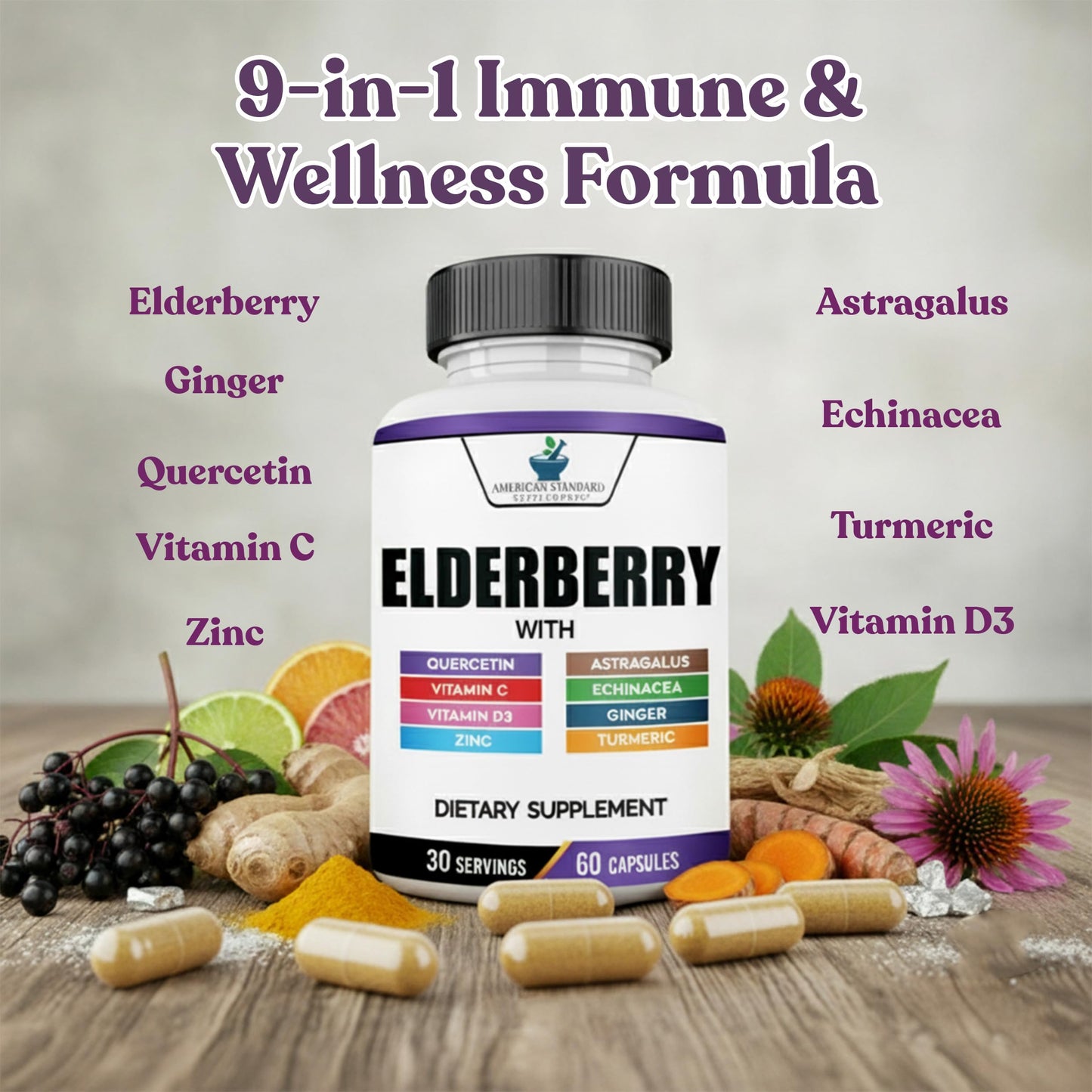 American Standard Supplements Elderberry Extract with Quercetin, Vitamin C, D3, Ginger, Zinc, Turmeric, Astragalus and Echinacea Capsule, 60 Count
