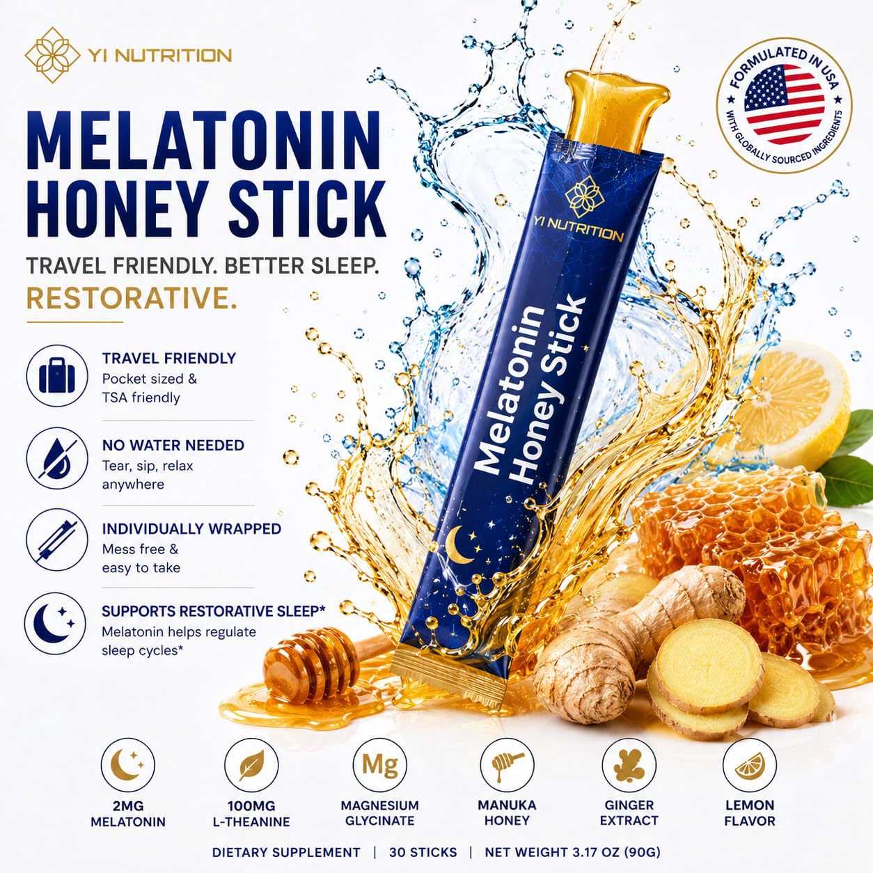 Yi Nutrition Melatonin Honey Sticks with Ginger Softgels, 30 Count