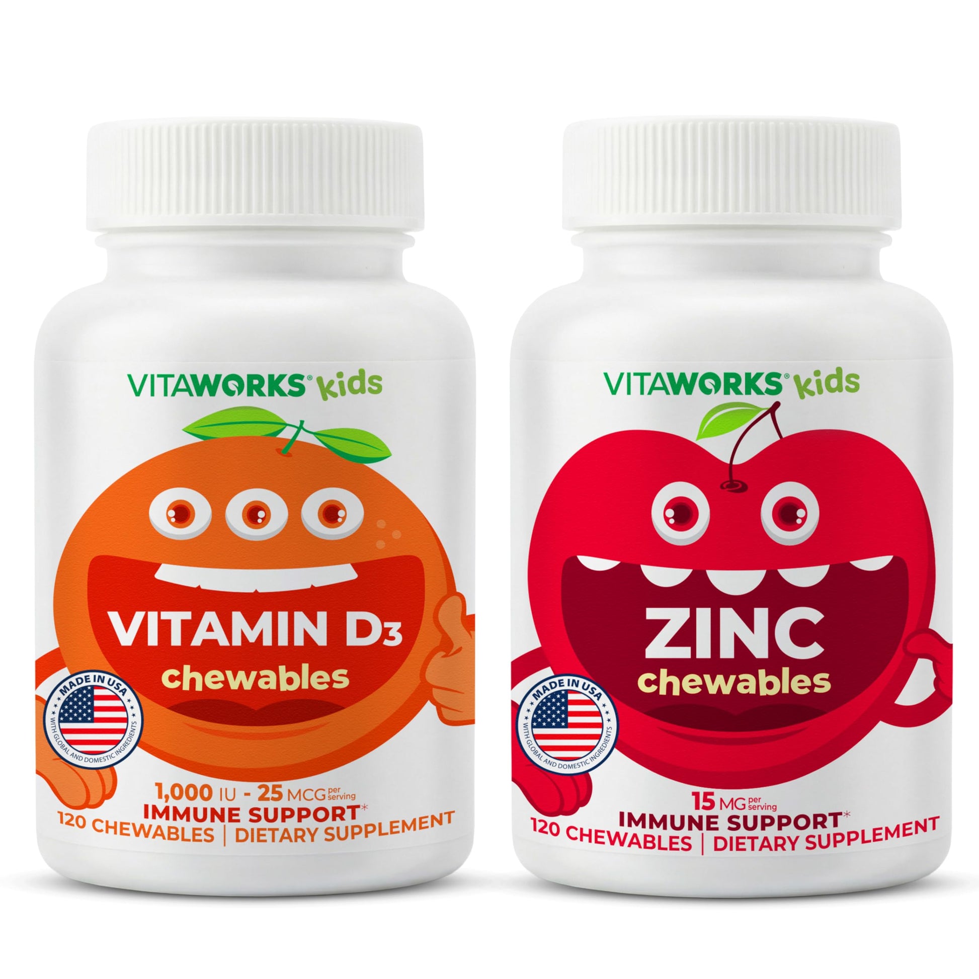 VitaWorks Kids Vitamin D3 1000 IU & Zinc 15mg Chewables, 120 Count