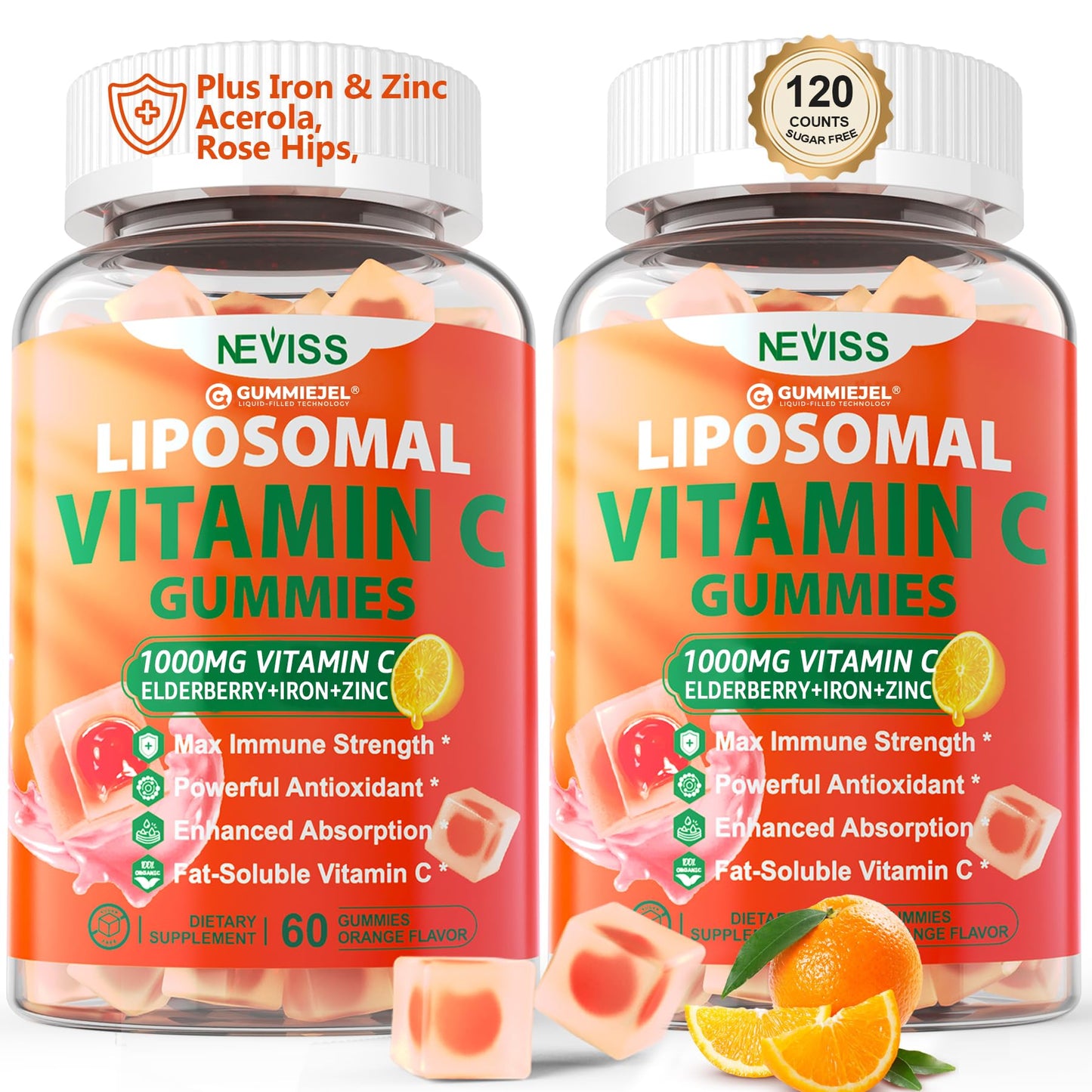 Liposomal Vitamin C 1000mg Gummies for Adults - Vitamin C Chewable 1500mg with 8mg Iron, Zinc & Elderberry - Immune Support, Immune Booster Supplement - for Energy, Collagen Booster, 2Pack Sugar Free