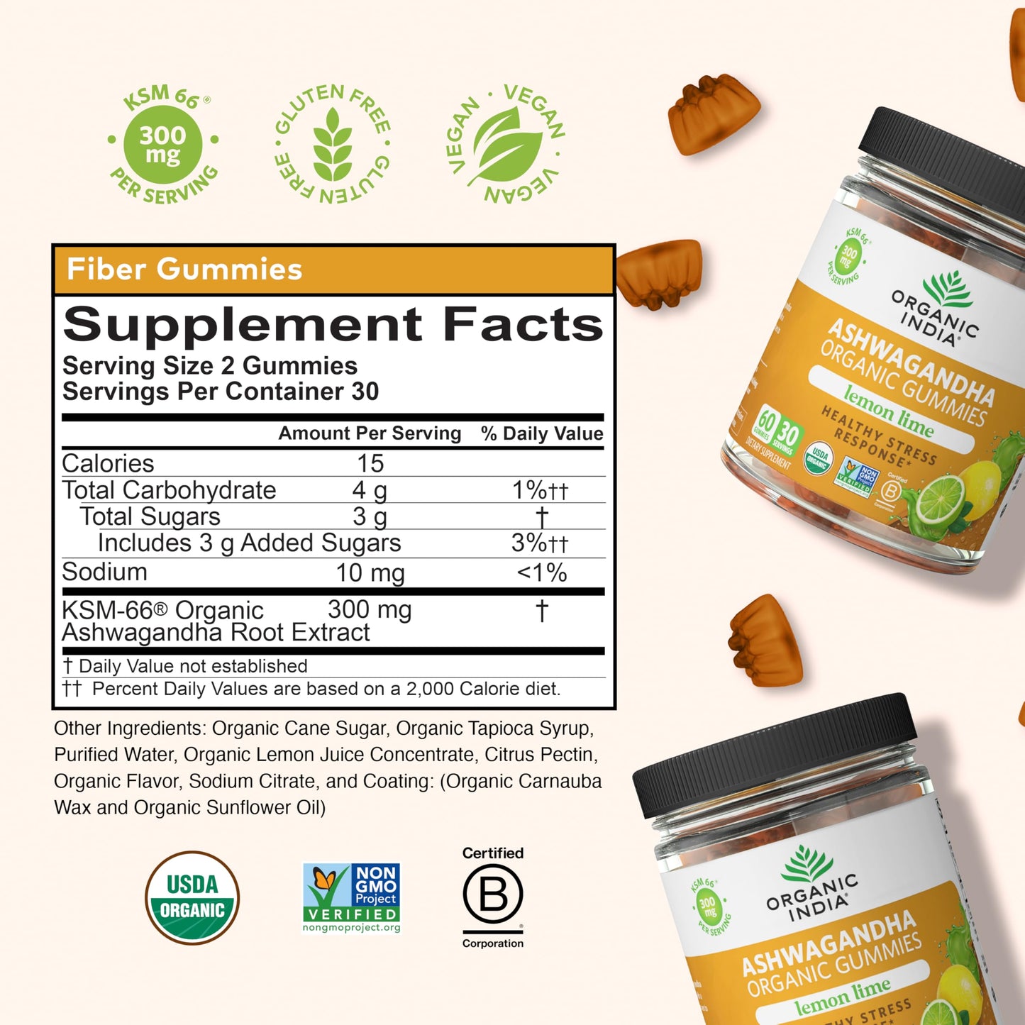 ORGANIC INDIA Ashwagandha Gummies - Stress Support, KSM-66 Ashwagandha Root, Extra Strength, Calm Chews, Vegan, Non-GMO - Lemon Lime, 60 Gummies