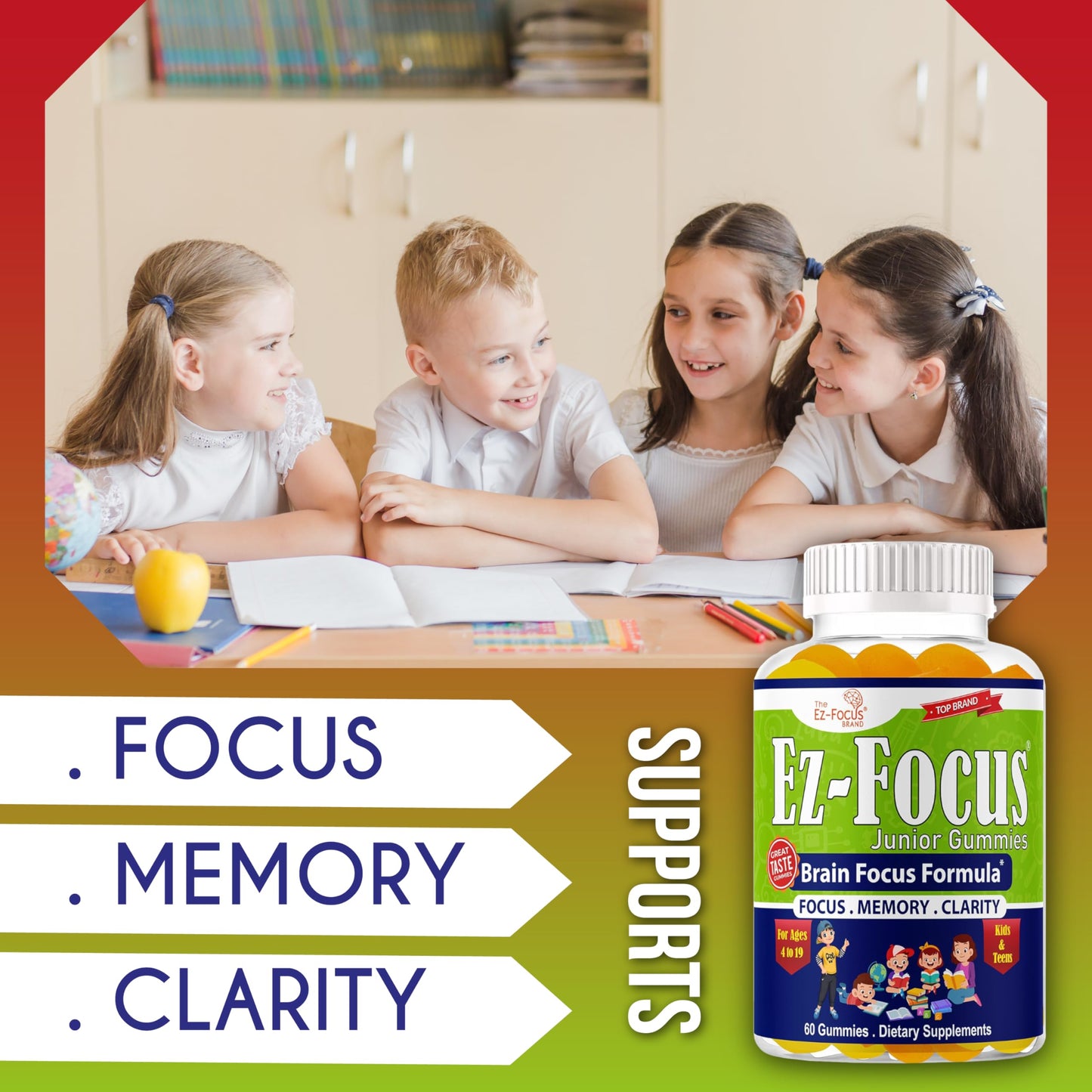 Ez-Focus Junior Brain Vitamins & Memory Supplements for Kids & Teens Gummy, 60 Count