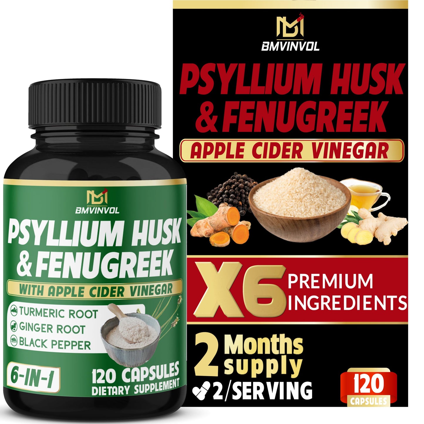 BMVINVOL Psyllium Husk Fiber Supplement Capsule 120 Count