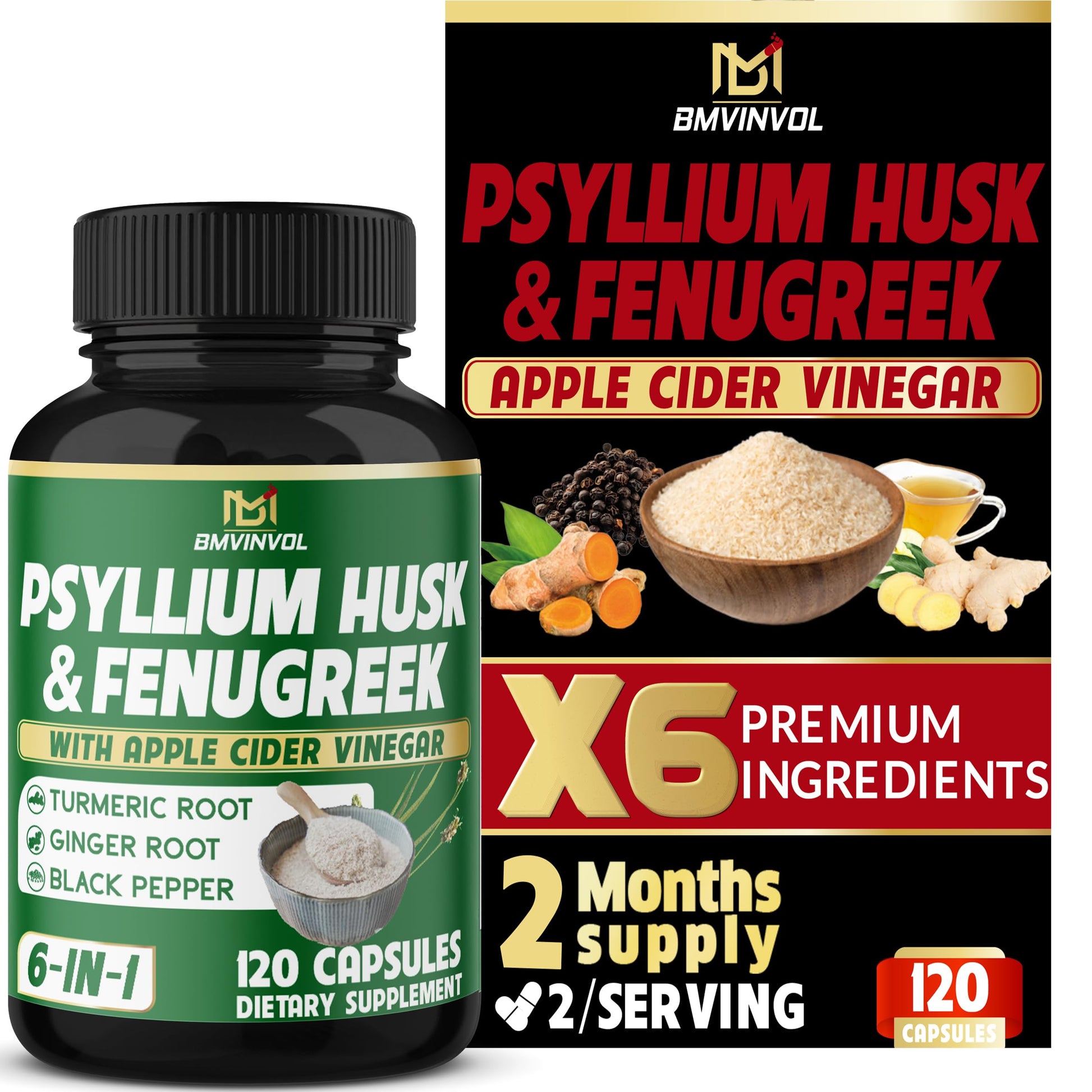 BMVINVOL Psyllium Husk Fiber Supplement Capsule 120 Count