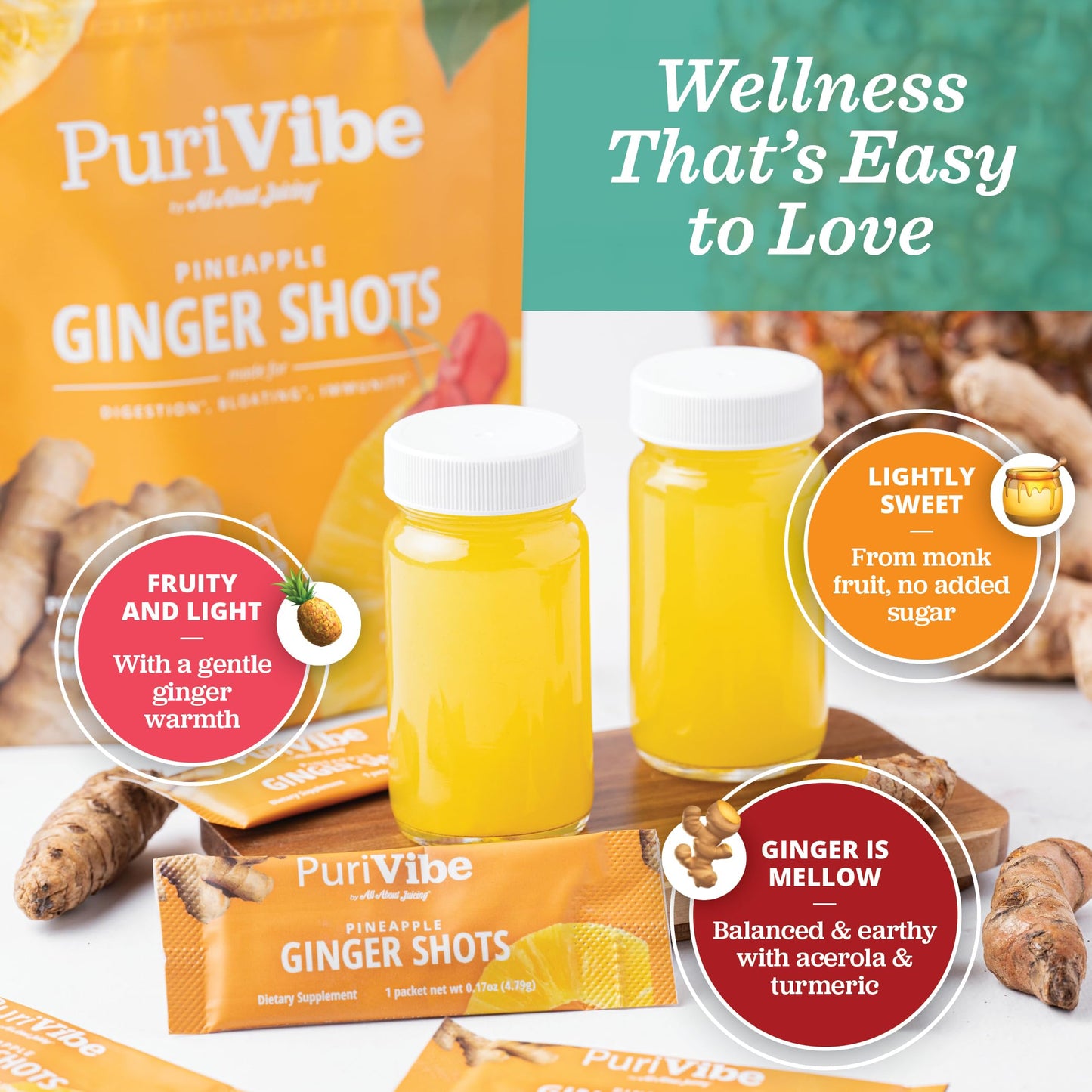 All About Juicing PuriVibe Ginger Shots Powder Pineapple Turmeric Immunity 2.5