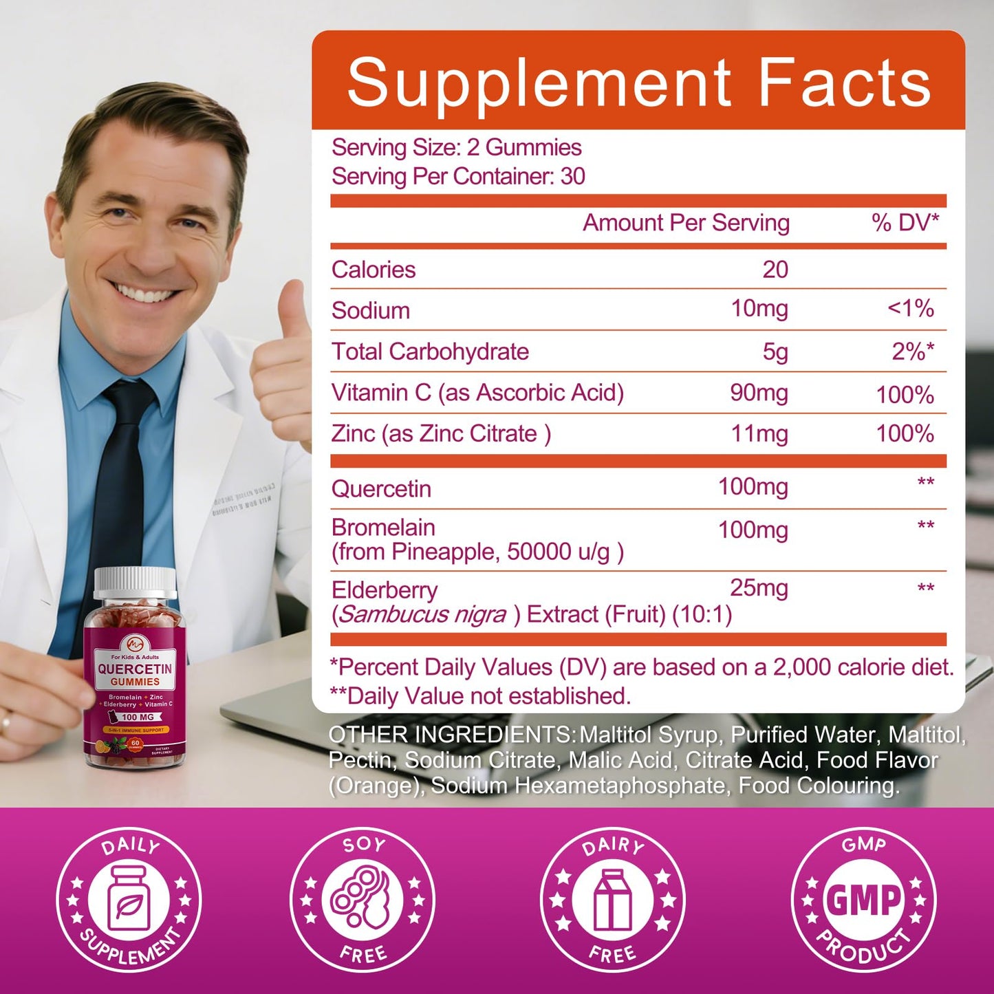 M inch Quercetin Gummies with Bromelain, Elderberry, Zinc and Vitamin C - Chewable Quercetin 100mg Supplement for Immune, Respiratory & Antioxidant Support, 120 Gummies