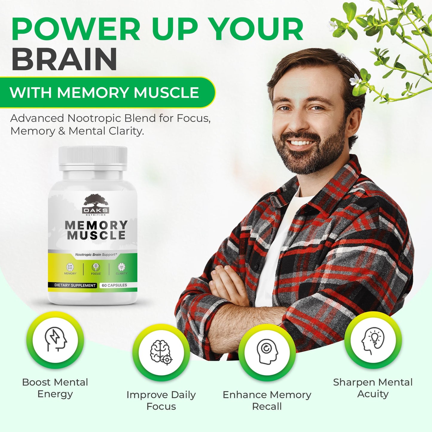 Oaks Nutrition Memory Muscle – Advanced Nootropic Brain Supplement with Vitamin B12, Bacopa Monnieri & DMAE for Focus, Memory, Mental Clarity & Clean Energy – Premium Cognitive Support Formula Capsule 60 Count