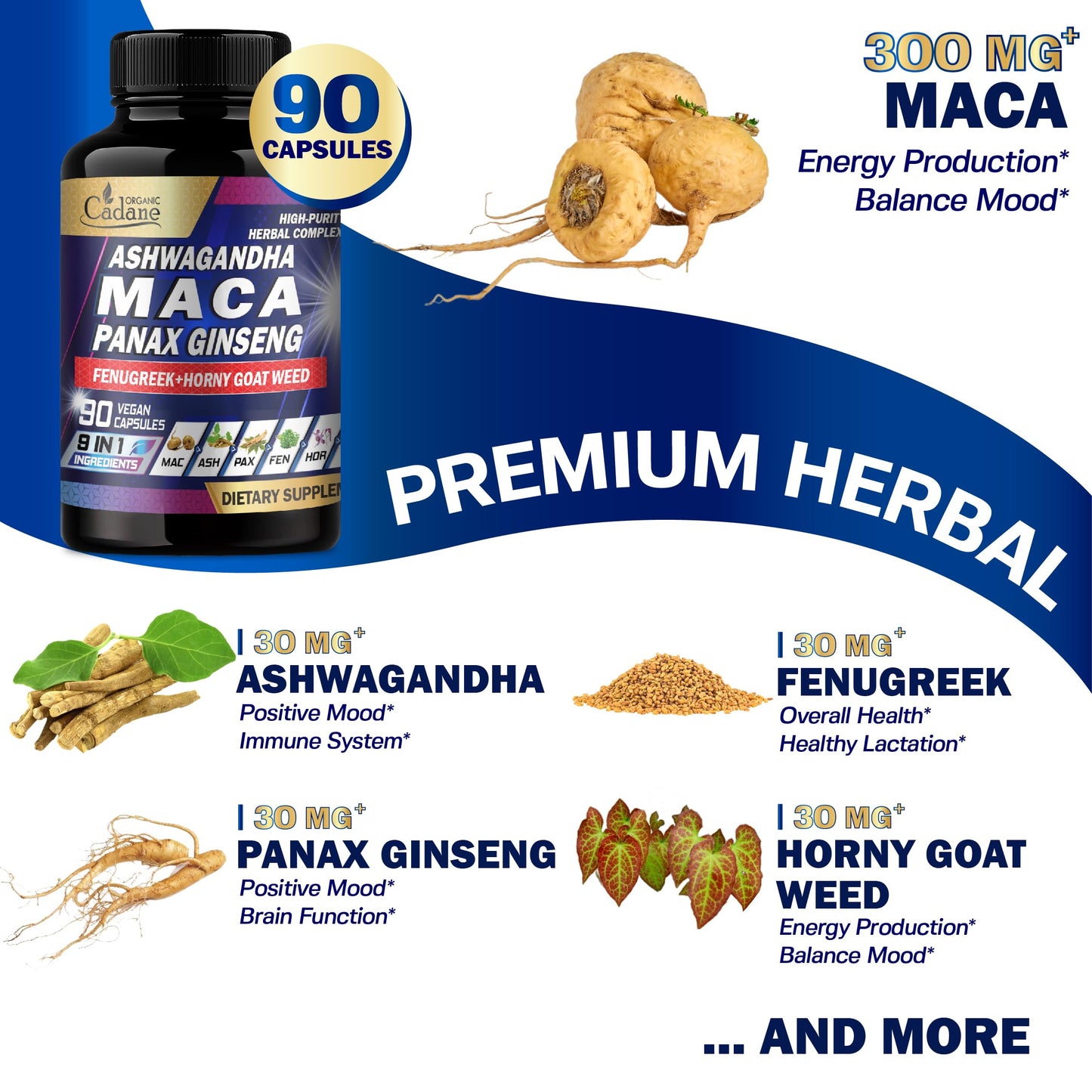 Organic Cadane Maca Root, Ashwagandha, Panax Ginseng Supplement Capsules, 90 Count