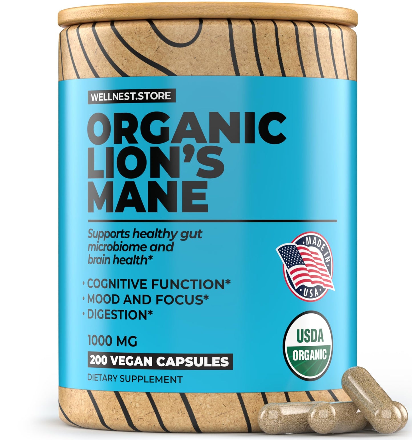Wellnest.Store Lions Mane Mushroom Organic Supplement (Hericium Extract) Capsules, 200 Count