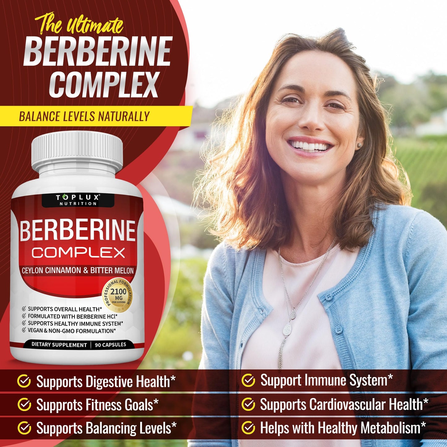 Toplux Berberine with Ceylon Cinnamon and Bitter Melon 2100mg - High Purity 97% HCL Berberine Supplement, 90 Capsules
