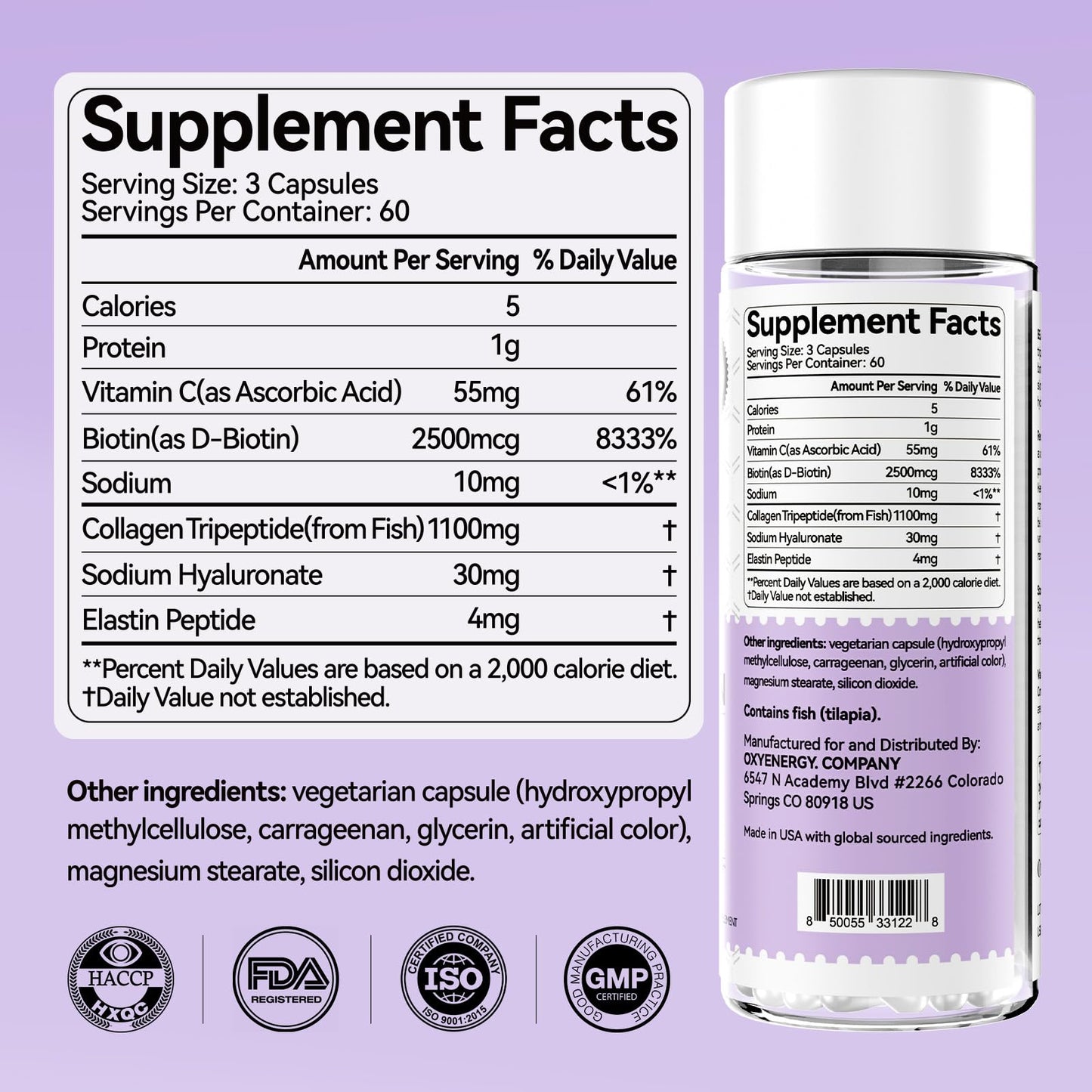 OxyEnergy Collagen Peptides Capsules 1100mg Hydrolyzed Collagen Tripeptides Type III with Biotin and Vitamin C, 180 Capsules